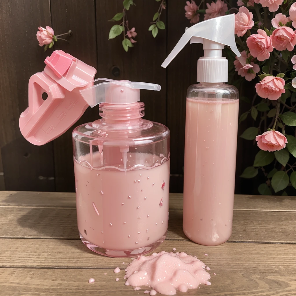 Half liter pink liquid soap, con dispensador y sin dispensador, with a touch of pink flowers and red berries in a Japanese theme, add soap bubbles in the air