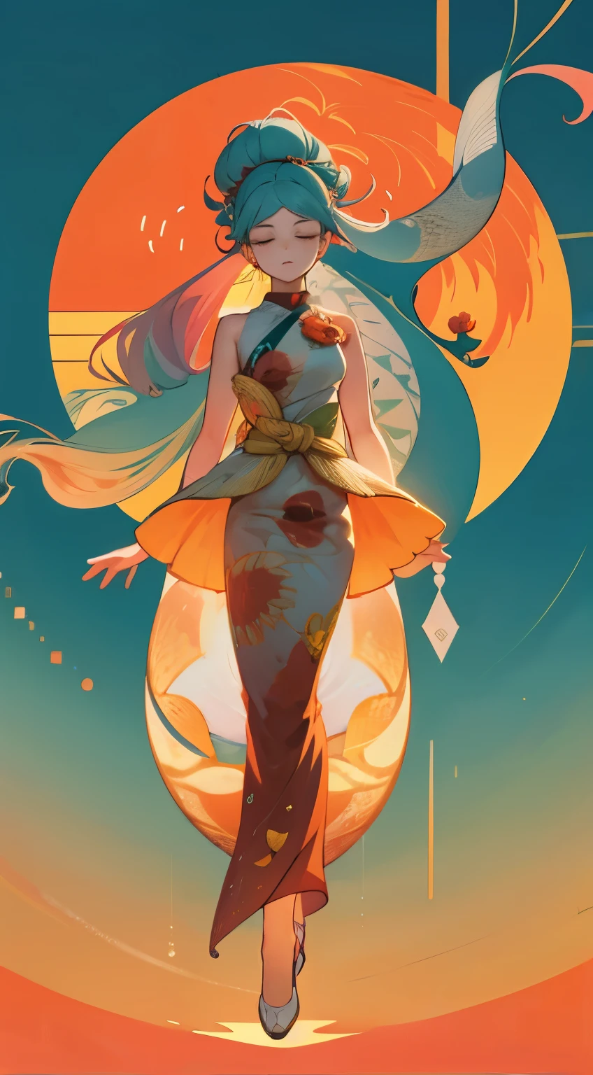 woman floating in the air, (multi-color hair), limp body, asleep, vibrant opalescent lighting, flecks in the air, dynamic lighting, warm color pallet, knit, brocade, gold carp, poppies, swirling air movement, wide angle, full body view, loose fabric, geometric shapes, small breasts, sherbet, persimmon, up-do hair, Bauhaus, geometric shapes, white snake mermaid