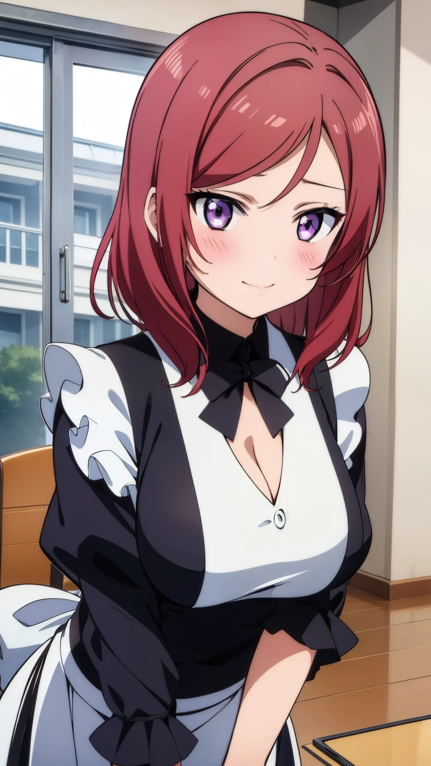 (masterpiece)1 girl, maki nishikino、Maid clothes、Waitress Uniform、highest quality, Expressive eyes, Perfect Face, Large parts of the upper body, smile, blush, indoor,coffee shop、Many people々々、Day, Simple Background, lie, looking for , Bright sky, looking for at viewer, stage, Moody lighting、Very large breasts、Cleavage、Standing position、whole body、mini skirt、