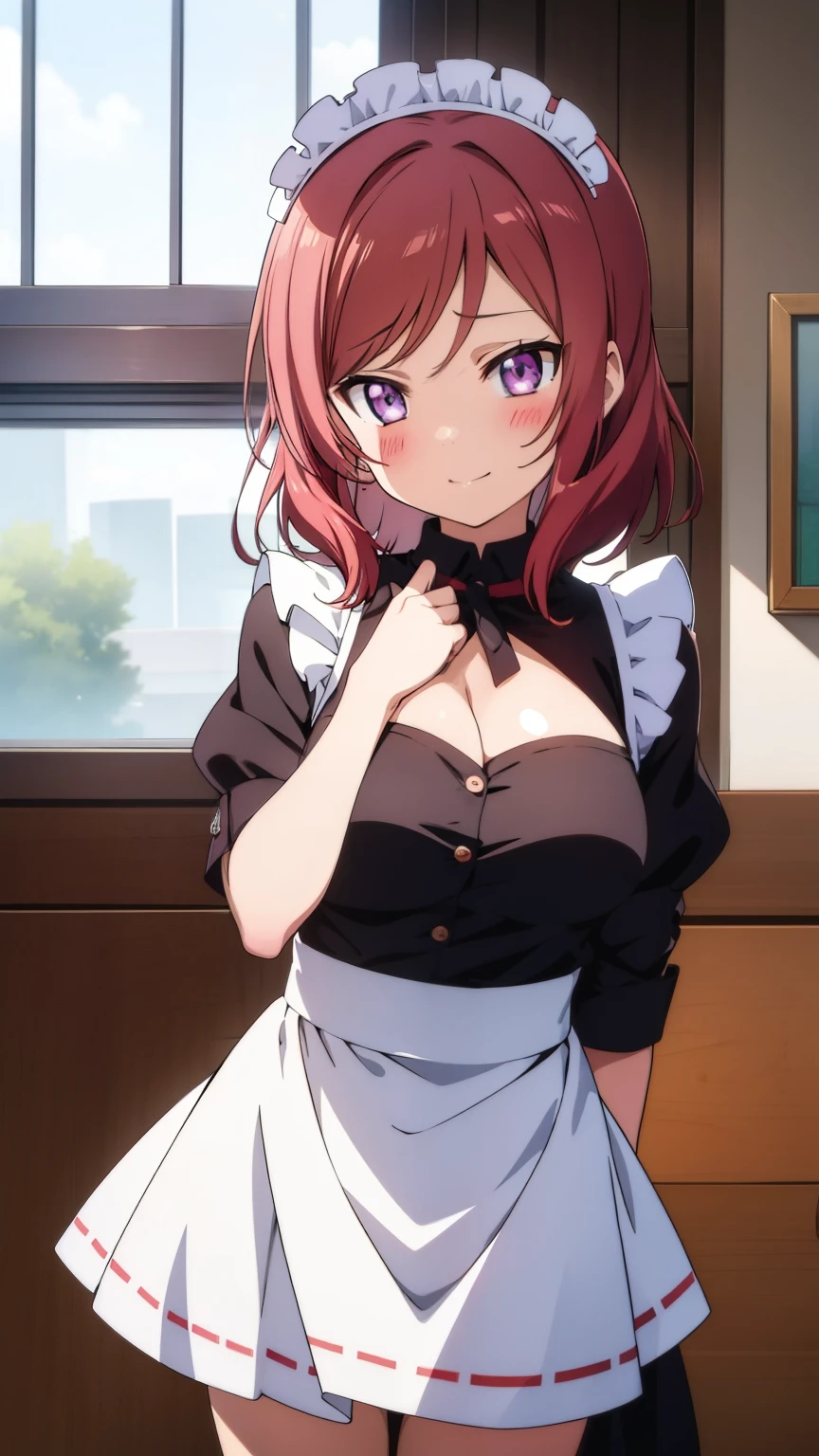 (masterpiece)1 girl, maki nishikino、Maid clothes、Waitress Uniform、highest quality, Expressive eyes, Perfect Face, Large parts of the upper body, smile, blush, indoor,coffee shop、Many people々々、Day, Simple Background, lie, looking for , Bright sky, looking for at viewer, stage, Moody lighting、Very large breasts、Cleavage、Standing position、whole body、mini skirt、