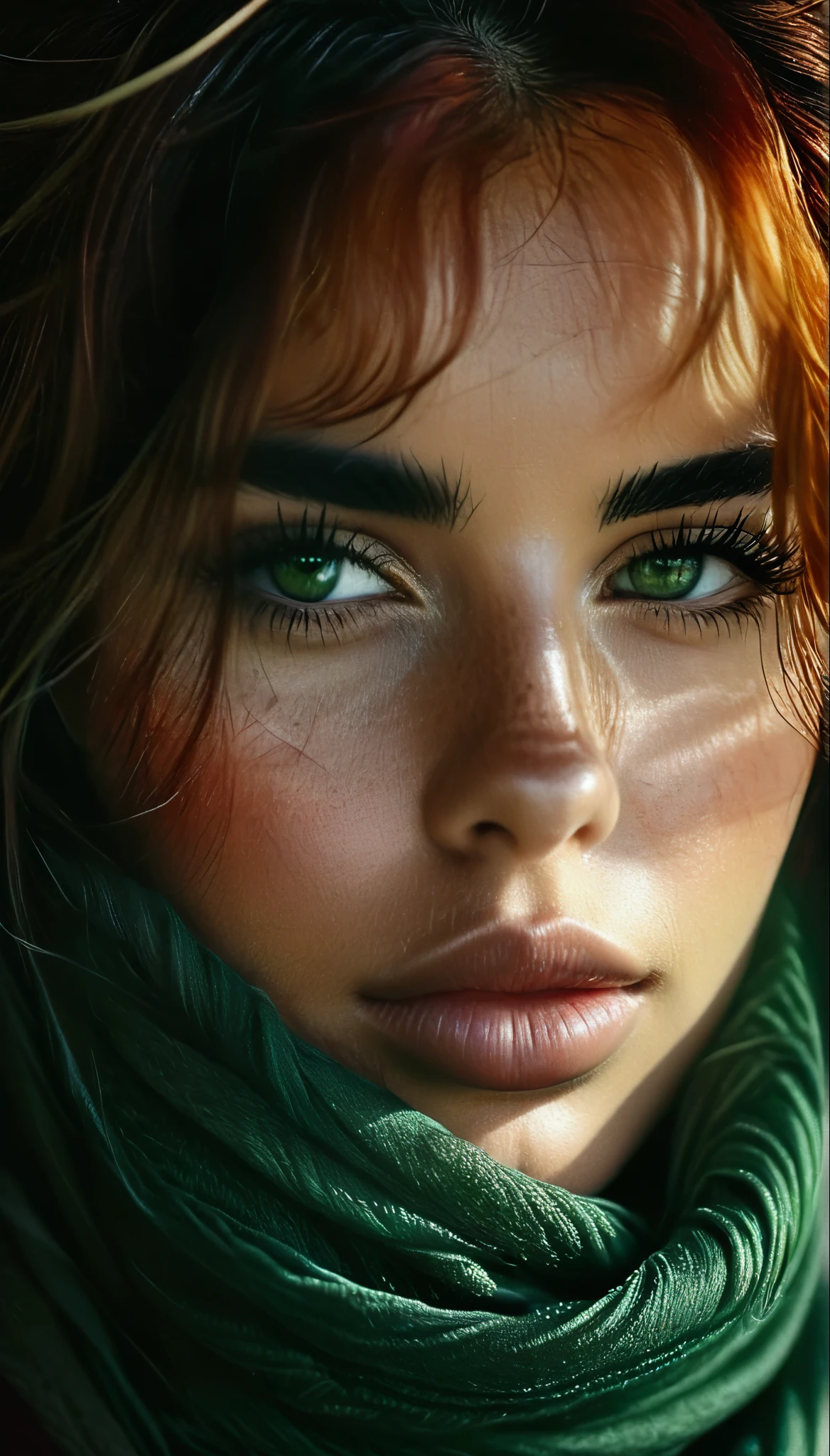 (medium shot:1.37), portrait of a woman,scarf on head, the same scarf covers mouth and nose,beautiful dark green eyes, red hair, few strands of hair visible, small lips, (best quality,4k,8k,highres,masterpiece:1.2),ultra-detailed,(realistic,photorealistic,photo-realistic:1.37),oil painting style,warm color tones,soft lighting