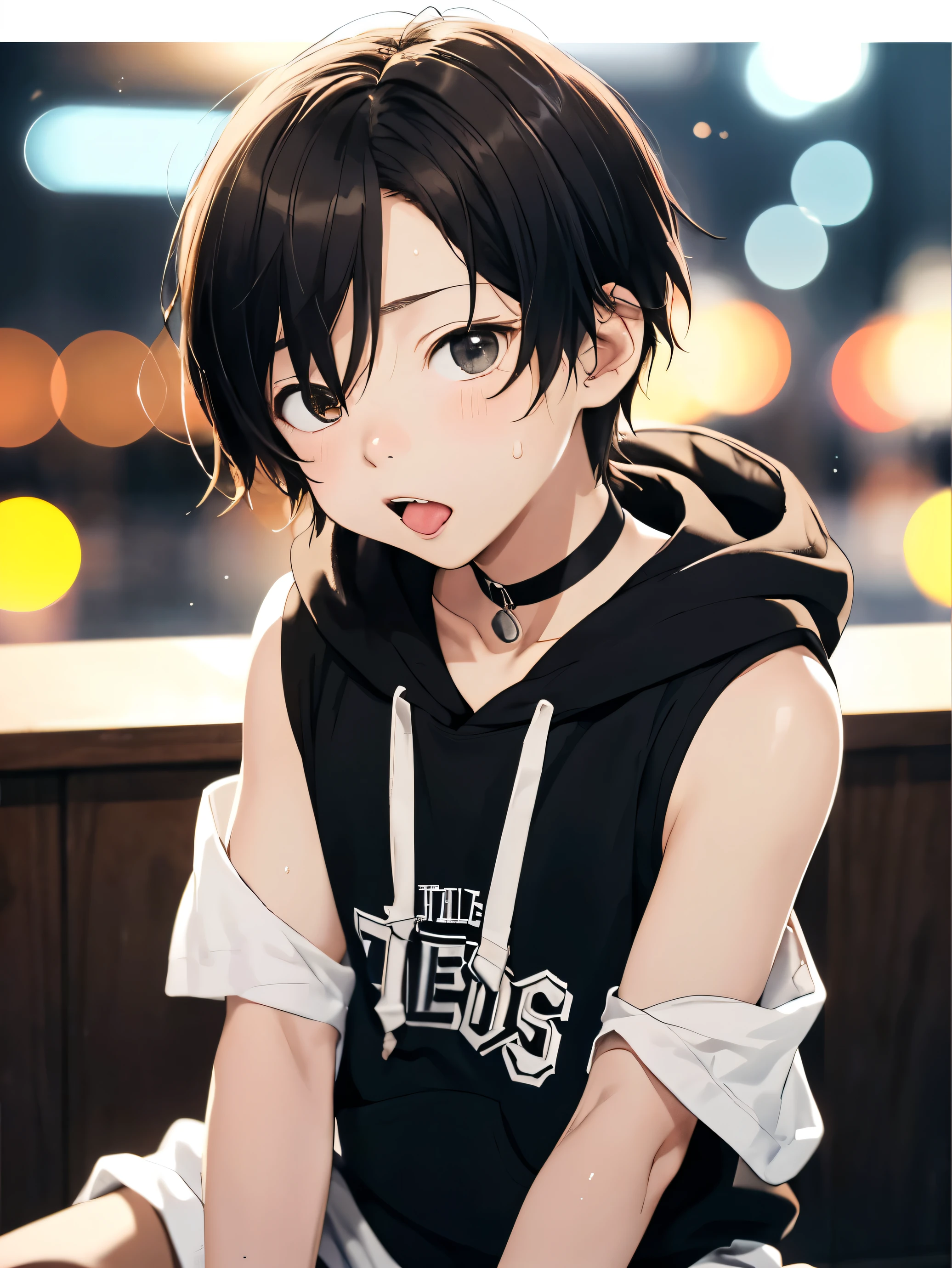Highres, Masterpiece, Best quality at best,Best Quality,hight quality, hight detailed, 1boy, Boy,Straight hair, Side bangs, Shota, Sweat, Sleeveless hoodie, Choker, Glove, Sleeve cover, Collarbone, Depth of field, Anime screencap style, thin line, Sitting, Sticking out tongue, Seen from the front, Little sweat, Kpop, Cute boy, (very small and short stature), (very young boy), 12-year-old boys, Blurry and simple beckground, bokeh, Uhd cinematic, detailed, atmospheric, 8k, corona render.