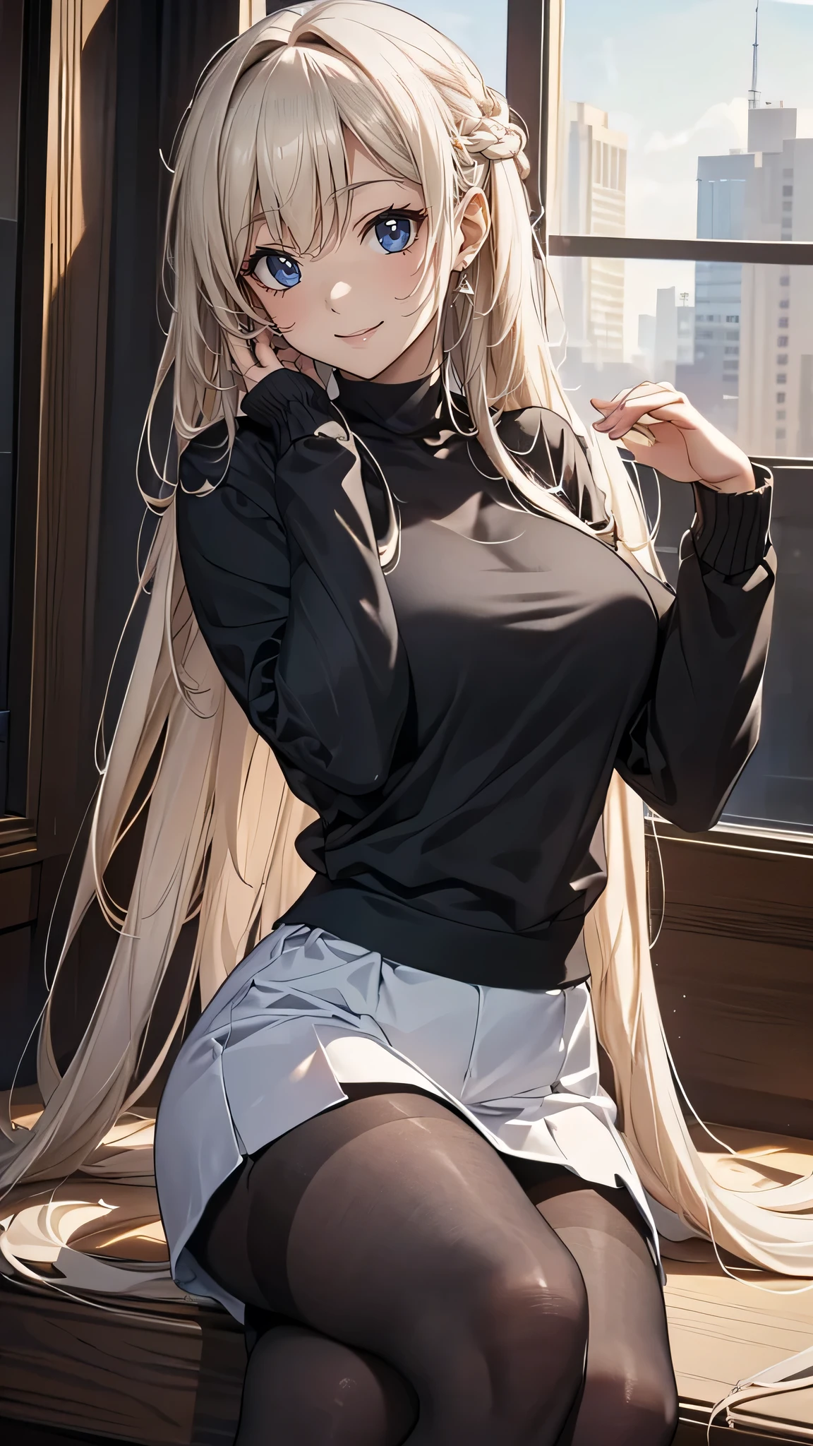 (random pose),(random hairstyle),(Highest image quality,(8K), Ultra-realistic, Best Quality, High quality, High Definition, high quality texture, high detailing, Beautiful detailed, fine detailed, extremely details CG, Detailed texture, realistic representation of face, masterpiece, presence),virgin destroyer sweater,black pantyhose,spread legs