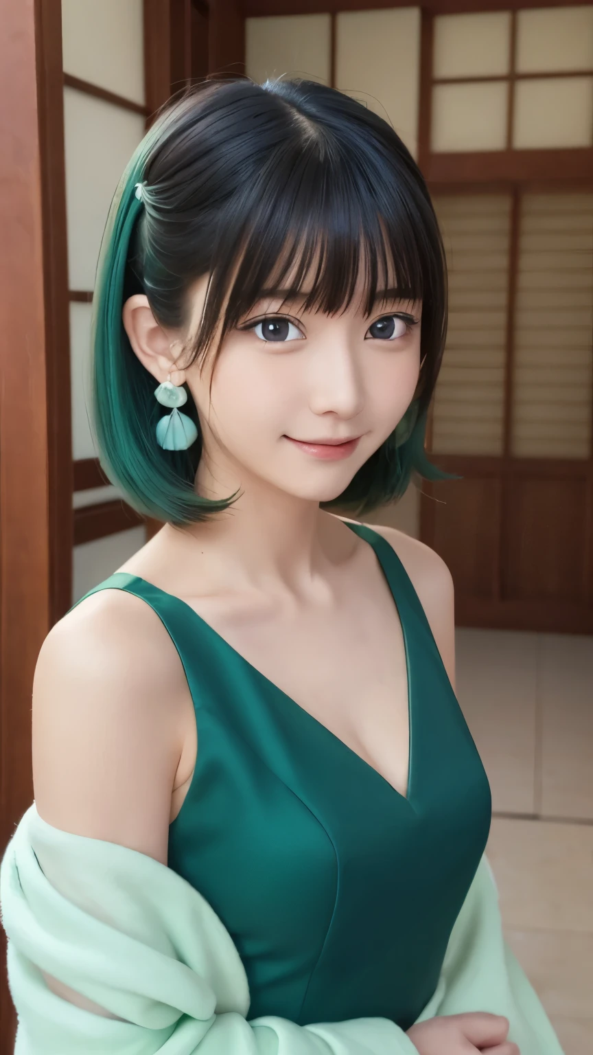 Best picture quality (8K, high resolution, Masterpiece: 1.2), super detailed, anime art style, dynamic angles, teen style, (china dress, exposed shoulders, earrings, indoor,), detailed green hair, detailed blue eyes, complex hairstyles, long hair, slim body, sparkling eyes, youthful Japanese anime heroine MAOMAO, hair accessories, earrings, half up, slightly dull bangs, detailed lighting, bright colors, looking at viewer, center of picture, cowboy shot, shy smile, green hair, green hair, Japanese anime heroine MAOMAO from kusuriyanohitorigoto
