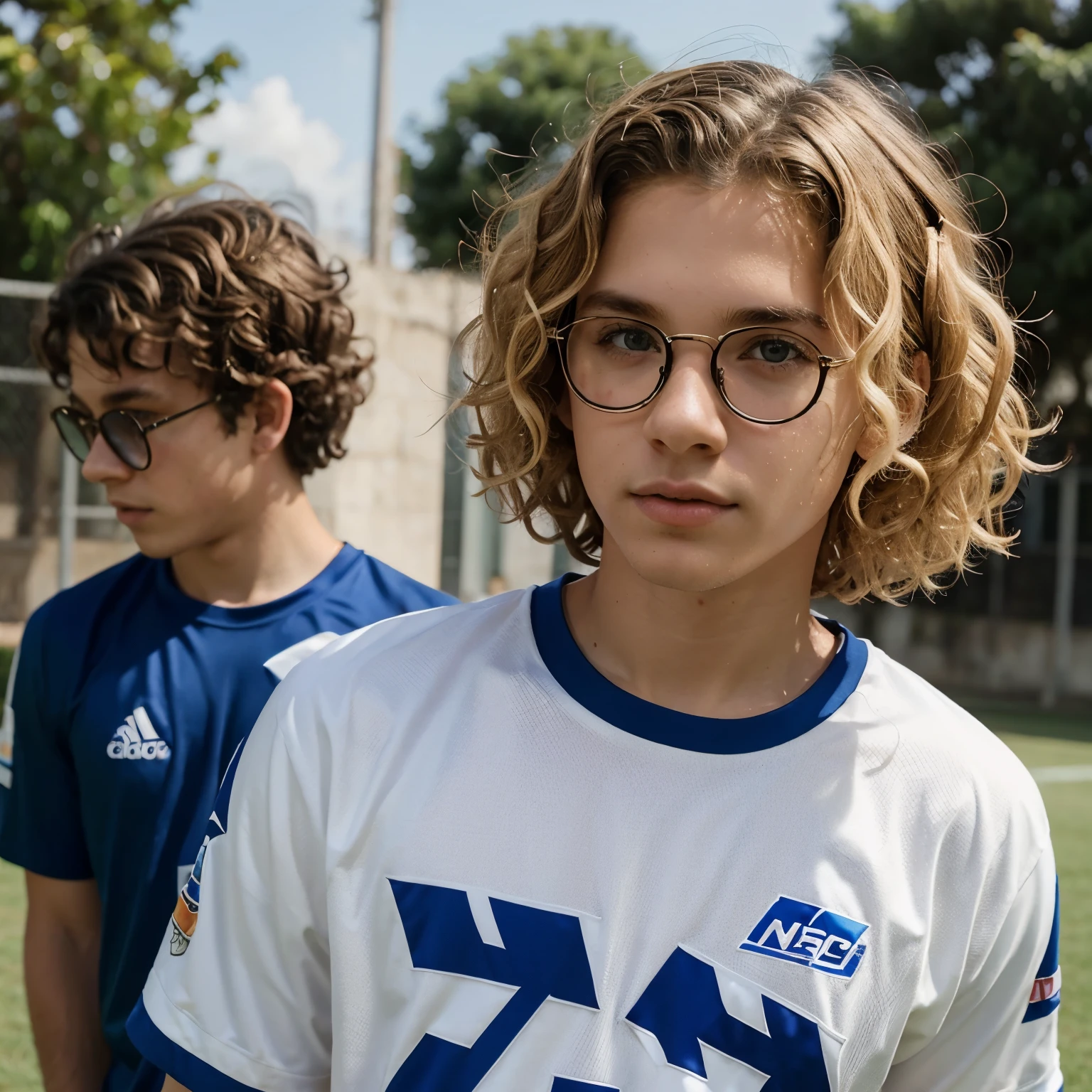 Make a boy with curly hair blonde(o cabelo nao mt grande) , with white skin and wearing blue glasses with brown eyes playing football with the number 10 shirt of the Aparecidense team