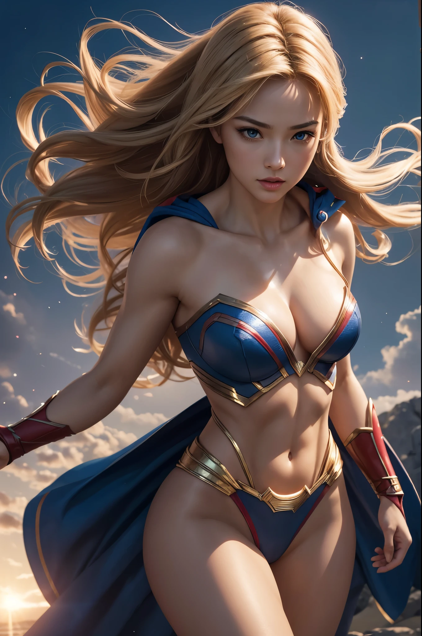 8K,Heroine of Justice,Supergirl,Blonde,Super Beauty(Like the real thing),Kryptonian,Superman Costume,masterpiece,Photorealistic RAW photos of the highest quality。Bright colors,Rich colors, Backlight, Cinema Lighting, Film Grain, to be born, 50mm lens, Nikon D850,Realistic Skin,Fantasy art,Character Art,Ultra-high resolution,Surreal,A wonderful work of art、((Kyoto Panel Style))、Wind effects:1.9、Cloud Effect:1.2、Full Rendering、Professional quality high resolution、Perfect contrast、Perfect lighting、Perfect composition、Perfect Skin、Perfect Fingers、Perfect breasts、Perfect Hair、Perfect Face、Realistic facial features,super highest quality,Slim figure,Perfect body line,Perfect hand shape,Anatomical body balance,Highly detailed face,Highly detailed eyes,Beautiful Lips,Excellent light particles,Cinema Lighting,Makeup,Ultra-high resolution,超Realistic Skin,Sexy woman closeup,Dynamic pose,Hard and strong abs,Makeup,Very large breasts,Fighting Pose,Superman Costume,BATTLE MODE,