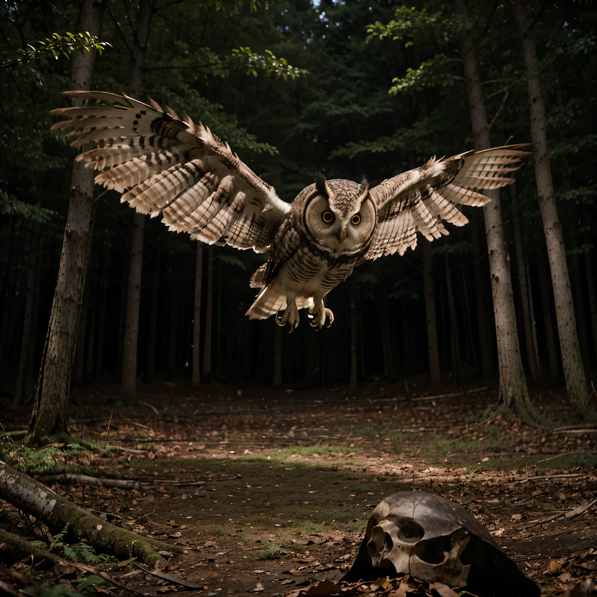 An owl flies over the night forest with a skull in its paws