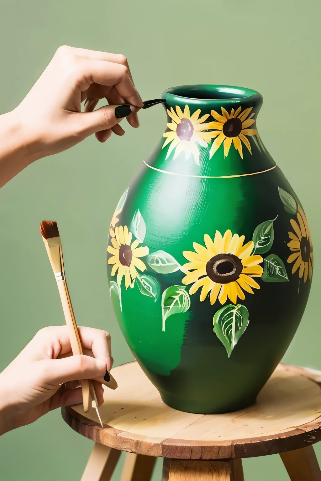 A hand painting a vase with a brush in green colors full of sunflowers in the colors of the vase