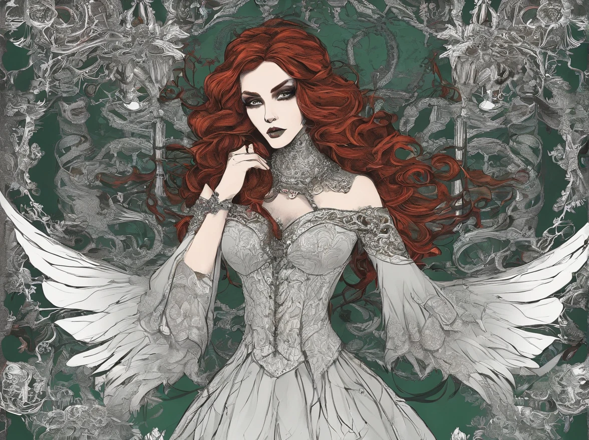Mulher ruiva cabelos cacheados longos,olhos verdes, pele branca ,vestido branco sensual , realista , 4k ,boa qualidade joias guerreira feiticeira