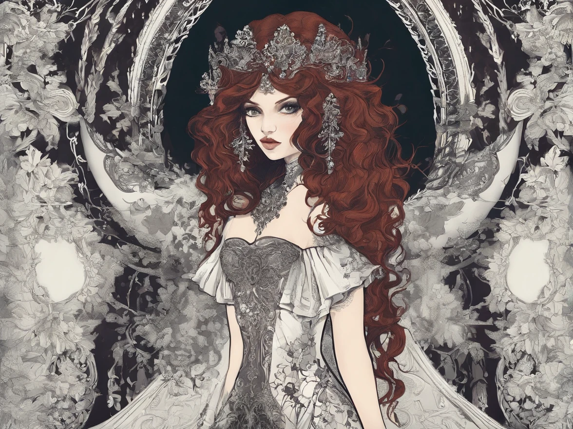 Mulher ruiva cabelos cacheados longos,olhos verdes, pele branca ,vestido branco sensual , realista , 4k ,boa qualidade joias guerreira feiticeira