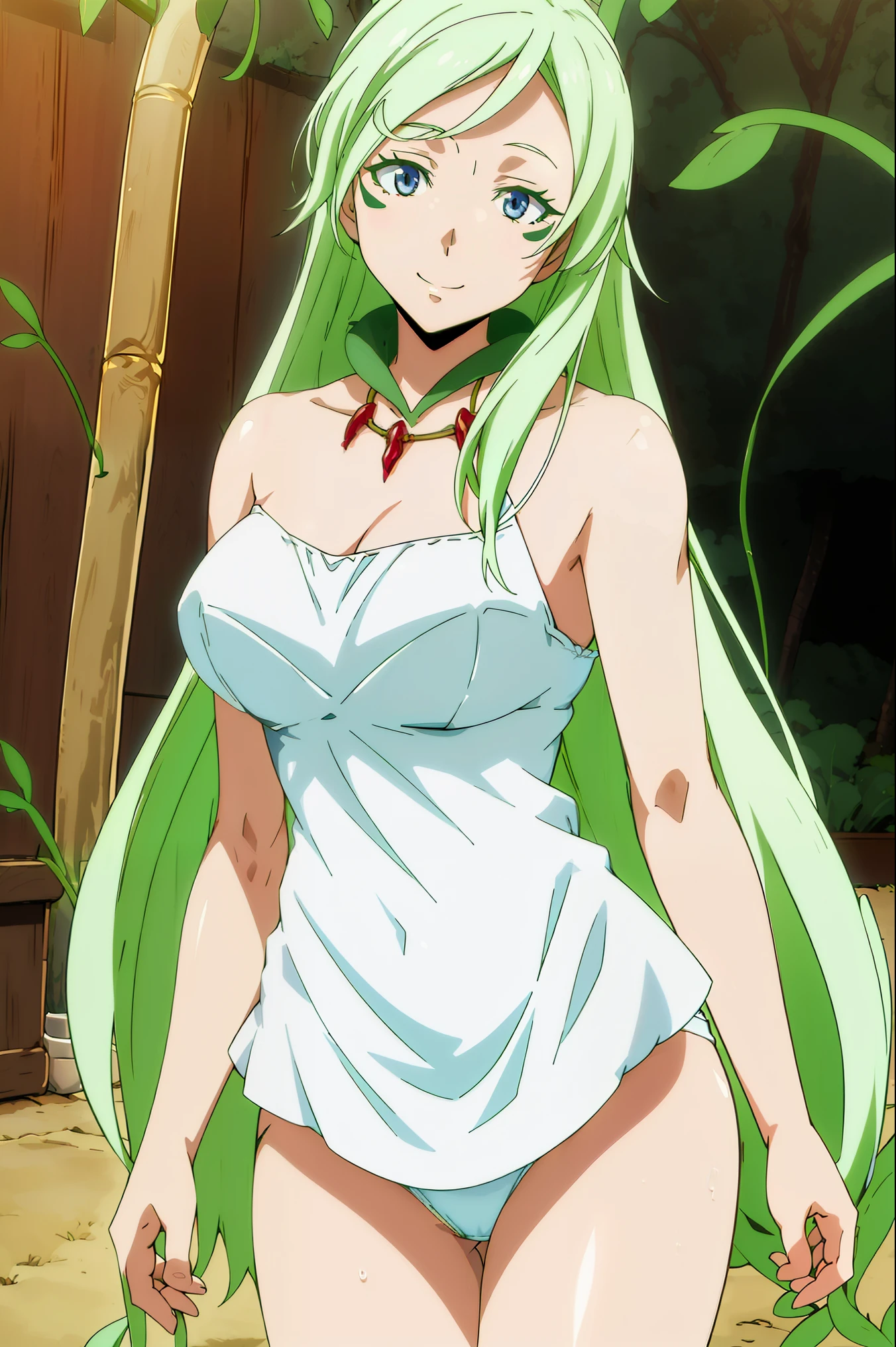 bamboo, plant, potted plant,Outdoor,forest,grassland,Day Light,Day,sunLight,
Green and White dress,Green Color,White lace panties, White luxury dress,decorative dress,Shiny Dress,
jewelry, gem,
Green Hair ,blue eyes,bangs,Very long hair, Facial Imprints,it is,Glowing Skin,Shiny background,
1 girl, 20 years,young woman,
Looking at the audience,(Pay attention to her face),Mouth closed,(Light_smile:0.3,Cowboy Shot,liar,The body is transparent, , break masterpiece ,8k unity wallpaper,anime key visual,highest quality, High resolution, unity 8k wallpaper, (shape:0.8),anime coloring,highly detailed face, detailed eyes,growing eyes,shiny skin,fine skin,white skin,dense skin,detailed hair,highly detailed legs,perfect lighting, Detailed CG, (perfect hands, perfect anatomy),High resolution,(Detailed wear ),slender limbs, delicate curves, dainty hands,figure:0.8,
