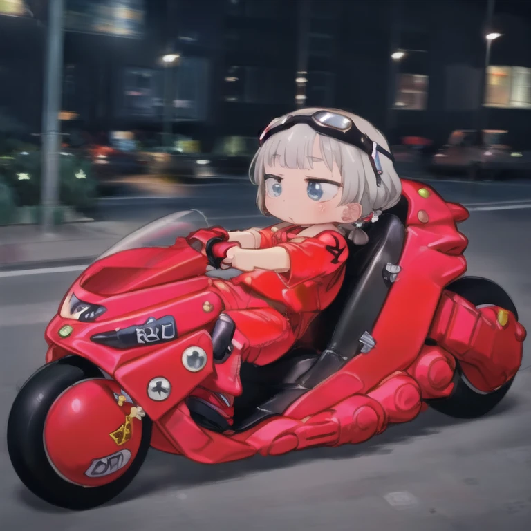 masterpiece,high quality, 1 girl,(serafuku:1.2),Sitting,Lean back;Put your foot forward, 10-year-old female,、Thick eyebrows,Droopy eyes, Baby Face,Round face,Big round eyes,Braiding, Short pigtails, Blunt bangs,Gray Hair,Blue eyes,Very short stature,Very thin limbs,(((Red leather jumpsuit))),kanedabike,Large scooter,Very low seat,Low vehicle height,One step ahead,night、((Lights on))、((Wear goggles))