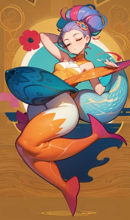 woman floating in the air, (multi-color hair), limp body, asleep, vibrant opalescent lighting, flecks in the air, dynamic lighting, warm color pallet, knit, brocade, gold carp, poppies, swirling air movement, wide angle, full body view, loose fabric, geometric shapes, small breasts, sherbet, persimmon, up-do hair, Bauhaus, geometric shapes, white snake mermaid