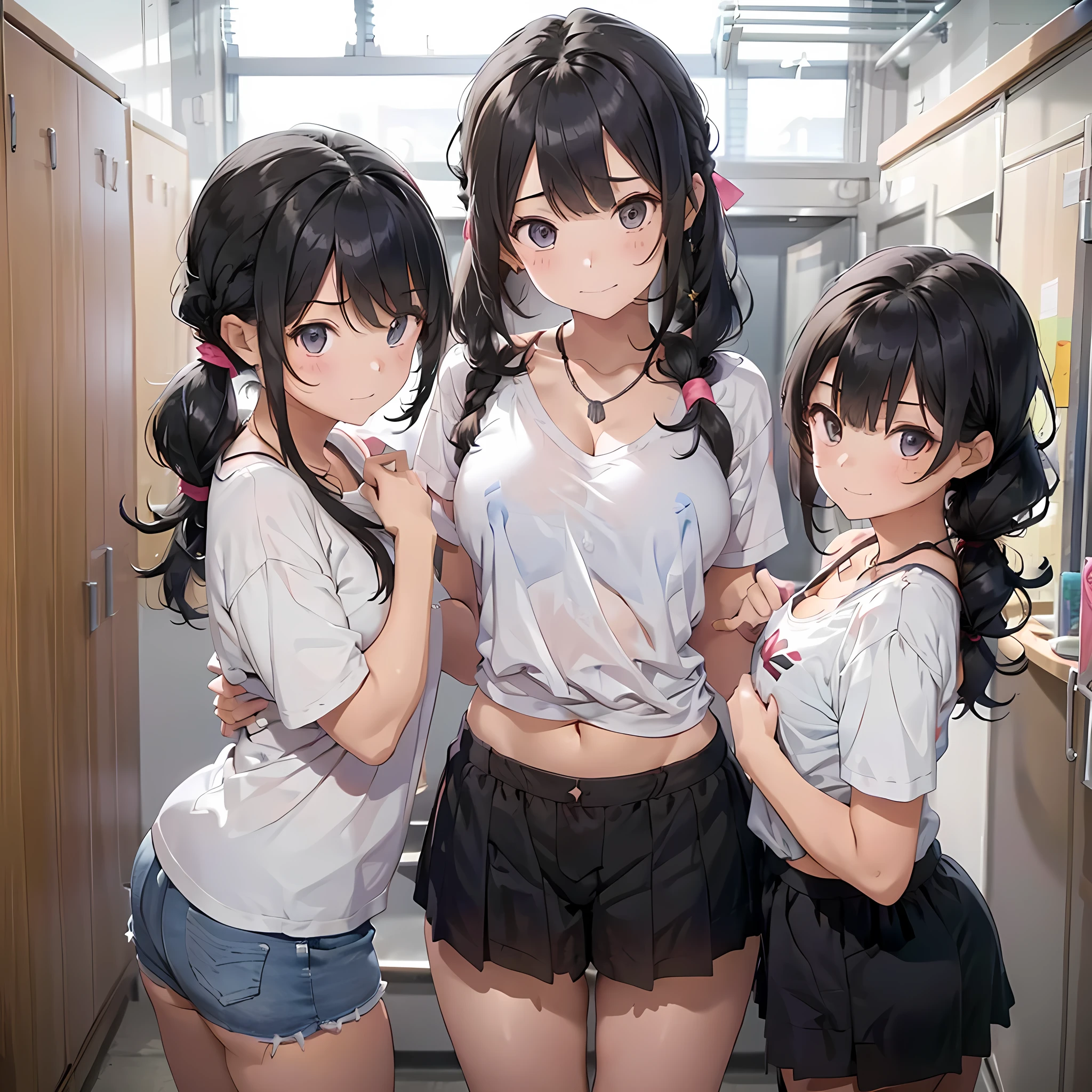 ((three girls are sticking out their big butt boldly)), ((body shot:1.2)), (School changing room), ((Laughing with your mouth open)), slender, hair band, Headband, hair bobbles, brown hair, blond hair, navel, jewelry, looking at viewer, necklace, long hair, short hair, Abdominal muscles, (Thong:1.4), (big butt), straight hair, bob cut, blunt bangs, silky hair, jet black hair, hair clip, hair band, hair ribbon, one-length haircut, ducktail, outward curled hair, French twist hair, twintails, side ponytail, single braid, wavy hair, bangs pinned back,