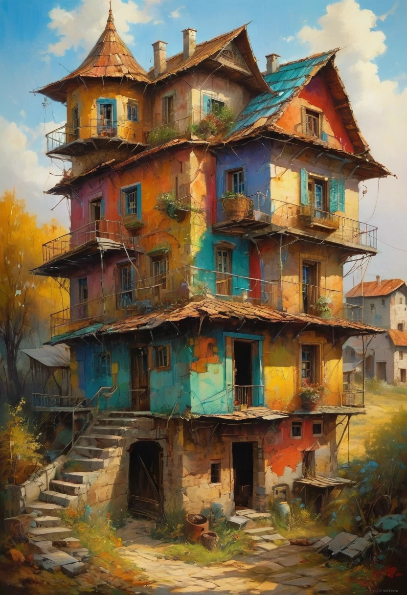 in the style of primitivism. (David Martiashvili. Elson Peter, Diego inker, Peter Mohrbacher, Karol Bak). Rich palette, special writing technique. Synthesis of primitive forms with the construction of painting techniques.. aesthetics. colorful oil painting. Old dilapidated houses that have retained their beauty and charm... (masterpiece, Best quality, Ultra Detail 1.6), illustration, (One, 1 female essence), imbued with the meaning of cypherpunk aesthetics.