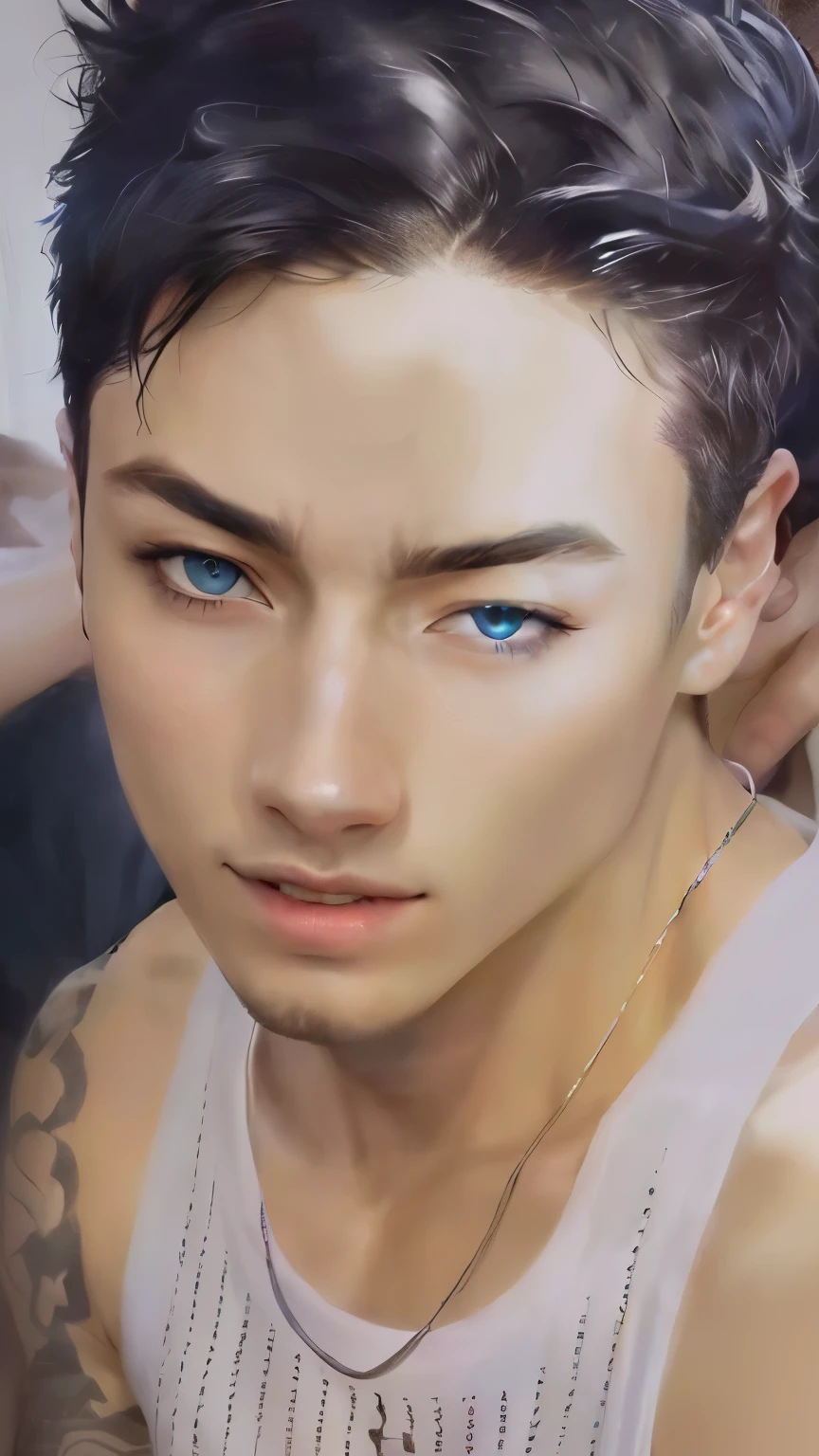 hay un hombre con un tatuaje en el brazo y una camiseta blanca, inspirado en Jeon Jungkook y Crocodile del anime one piece, fotorrealista!!!!!!! Detallado, perfect image quality blue eyes