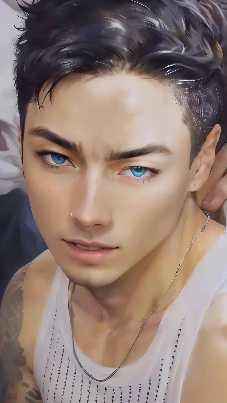 hay un hombre con un tatuaje en el brazo y una camiseta blanca, inspirado en Jeon Jungkook y Crocodile del anime one piece, fotorrealista!!!!!!! Detallado, perfect image quality blue eyes