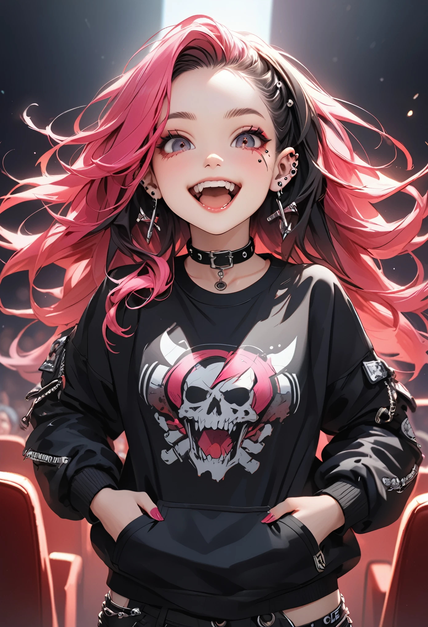 (absurdres), 8k, ((masterpiece)), (hyper extreme detailed:1.2), solo, 1girl, (perfect face), portrait, expressive eyes, standing, (cute girl), (Vibrant Pose), perfect hands, glossy skin, (friendly), excited, punk rock, Long Hair, (Multicolored Hair), black choker, black lipstick, Piercings, Ear Piercings, Lip Piercings, (small breast), smile, street clothing, perfect anatomy, (hands in pockets), (graphic t-skirt), anatomically correct, cowboy shot, (in front of a movie theater),