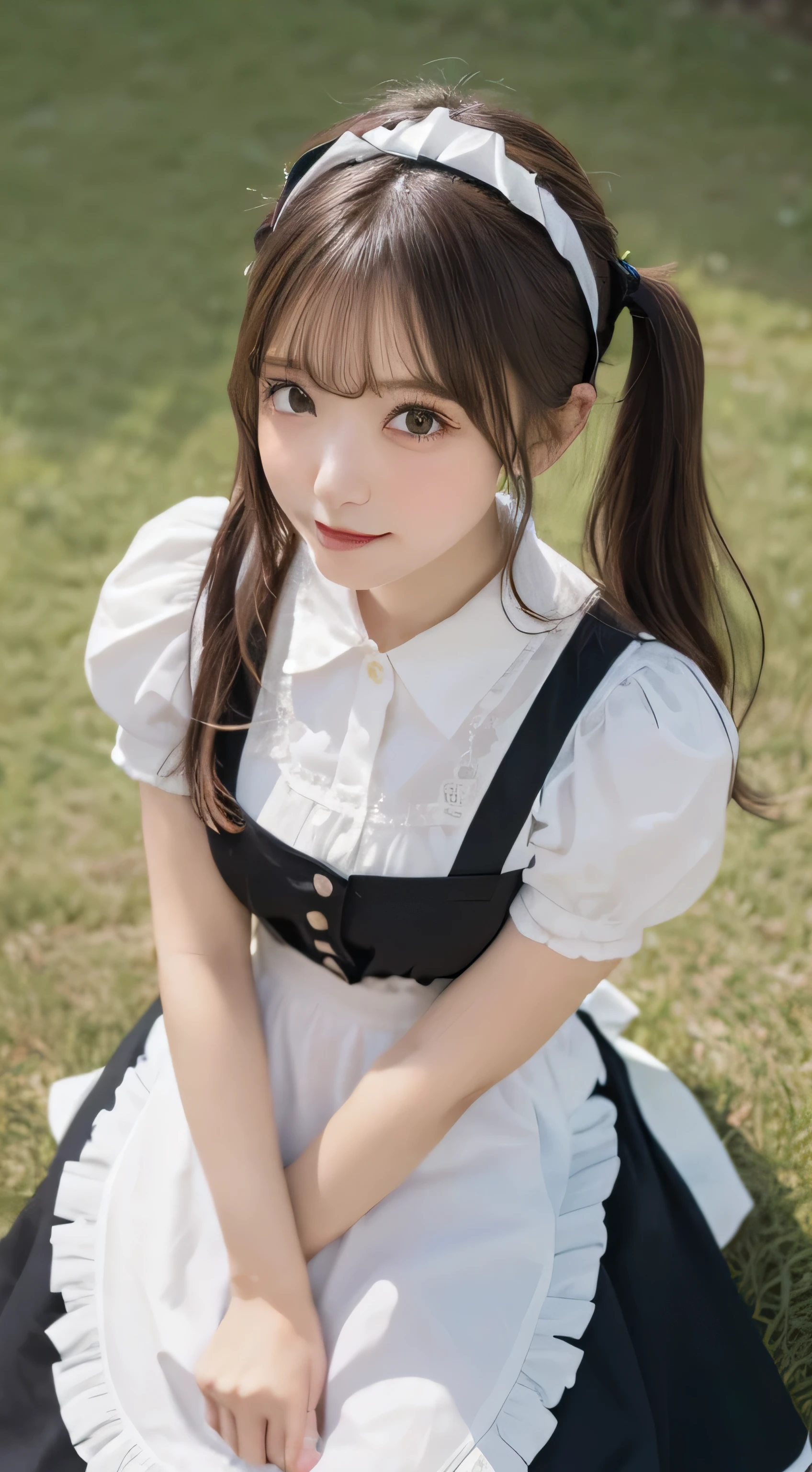 Tabletop, highest quality, shape, Very detailed, In detail, High resolution, 8k wallpaper, Perfect dynamic composition, ((close:1.3, From above, View your audience)), Beautiful details , (Wearing cotton maid clothes, , Cute Ruffle Girl Dress, Maid's headband, The base color is white、black、green),Twin tails