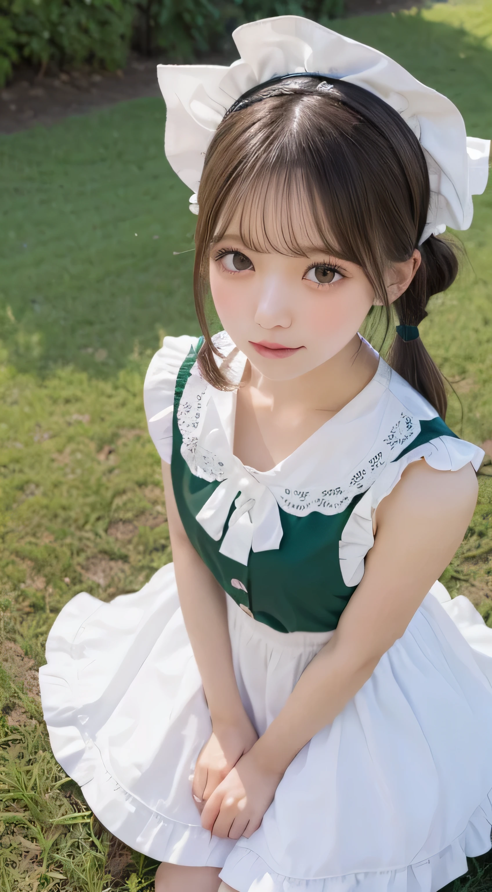 Tabletop, highest quality, shape, Very detailed, In detail, High resolution, 8k wallpaper, Perfect dynamic composition, ((close:1.3, From above, View your audience)), Beautiful details , (Wearing cotton maid clothes, , Cute Ruffle Girl Dress, Maid's headband, The base color is white、black、green),Twin tails