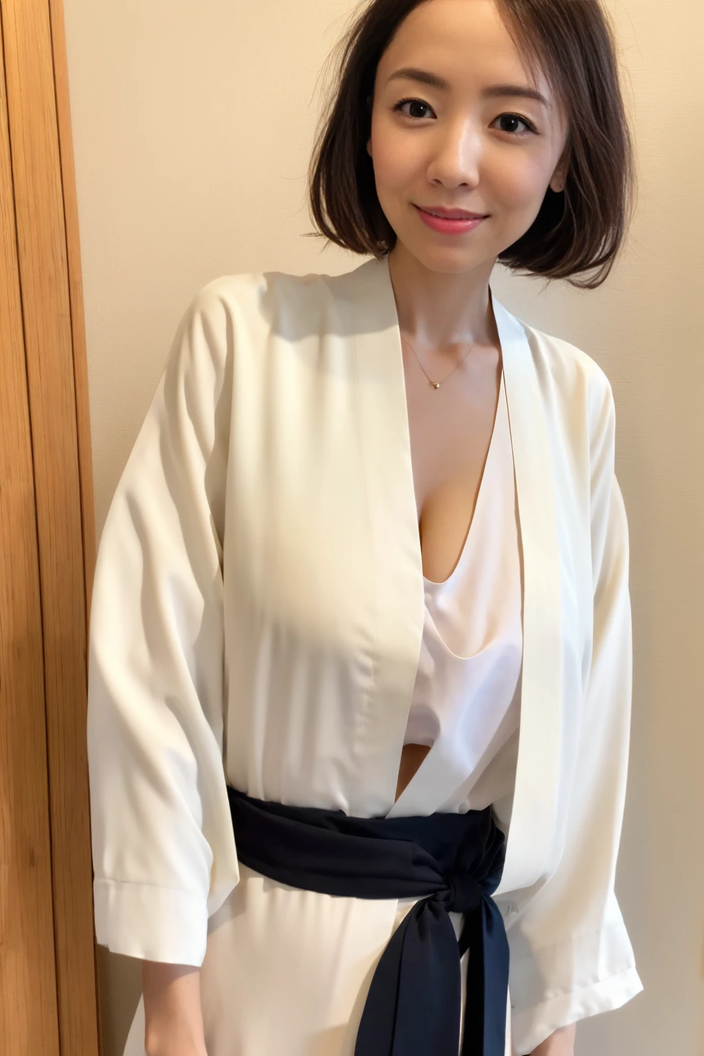 (masterpiece:1.2), (Ultra-realistic),One girl, alone, Long Hair, Straight Hair, Down, Black Hair, Clear white skin, Fine eyes and lips, Traditional Japanese Kimono, Upper Body, smile:1.2(16k, RAW Photos, highest quality, High resolution, ), (I can see a little bit of nipple swelling through my clothes.)High-definition RAW color photos, Professional photos, (Layered silhouette: 1.2), Complex patterns, , (Realistic, photoRealistic: 1.3), ( Japanese Girls), , Big breasts Very firm breasts、Non-sagging breasts、Showing cleavage。Too much exposure、(NSFW)Shine, (Detailed face: 1.2), (masterpiece: 1.5),Fine-grained beautiful skin, (cute:1.2), (sexy) (highest quality :1.2),((A girl, 1 girl : 1.3), solo, solo focus))、(One head according to human anatomy、Two Arms、Two Legs、Five Fingers)
「No deformed or unnatural body parts,A completely normal human body type」「A depiction of a woman that is faithful to human anatomy」、(A representation of a healthy, balanced and vibrant woman)