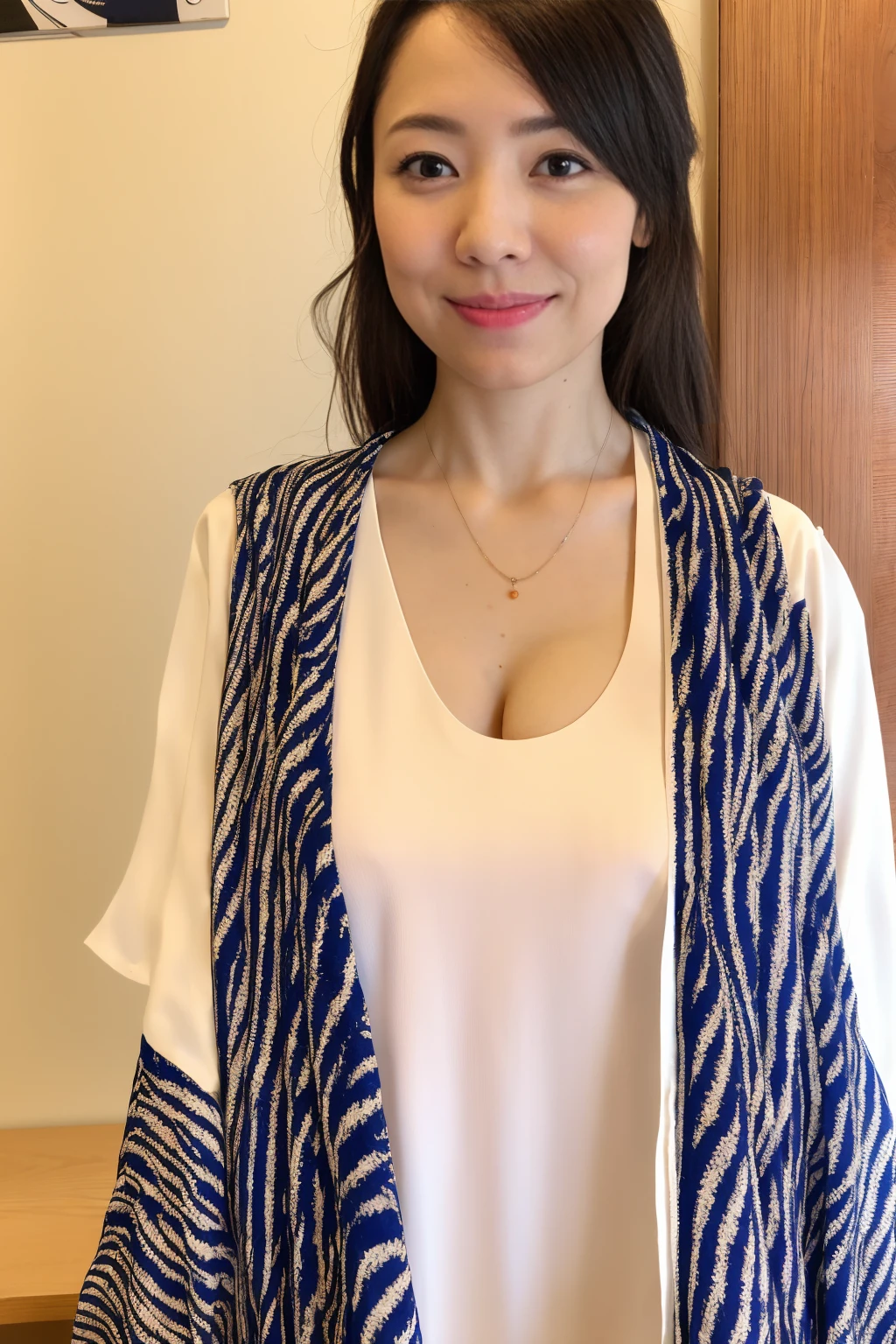 (masterpiece:1.2), (Ultra-realistic),One girl, alone, Long Hair, Straight Hair, Down, Black Hair, Clear white skin, Fine eyes and lips, Traditional Japanese Kimono, Upper Body, smile:1.2(16k, RAW Photos, highest quality, High resolution, ), (I can see a little bit of swelling through my clothes.)High-definition RAW color photos, Professional photos, (Layered silhouette: 1.2), Complex patterns, , (Realistic, photoRealistic: 1.3), ( Japanese Girls), , Big brfirm breasts、Non-saggists、Showing cleavagech exposure、(NSF (Detailed face: 1.2), (masterpiece: 1.5),Fine-grained beautiful skin, (cute:1.2), (sexy) (highest quality :1.2),((A girl, irl : 1.3), solo, solo focus))、(One head according to human anatomy、Two Arms、Two Legs、Five Fingers)
「No deformed or unnatural body parts,A completely normal human body type」「A depiction of a woman that is faithful to human anatomy」、(A representation of a healthy, balanced and vibrant woman)