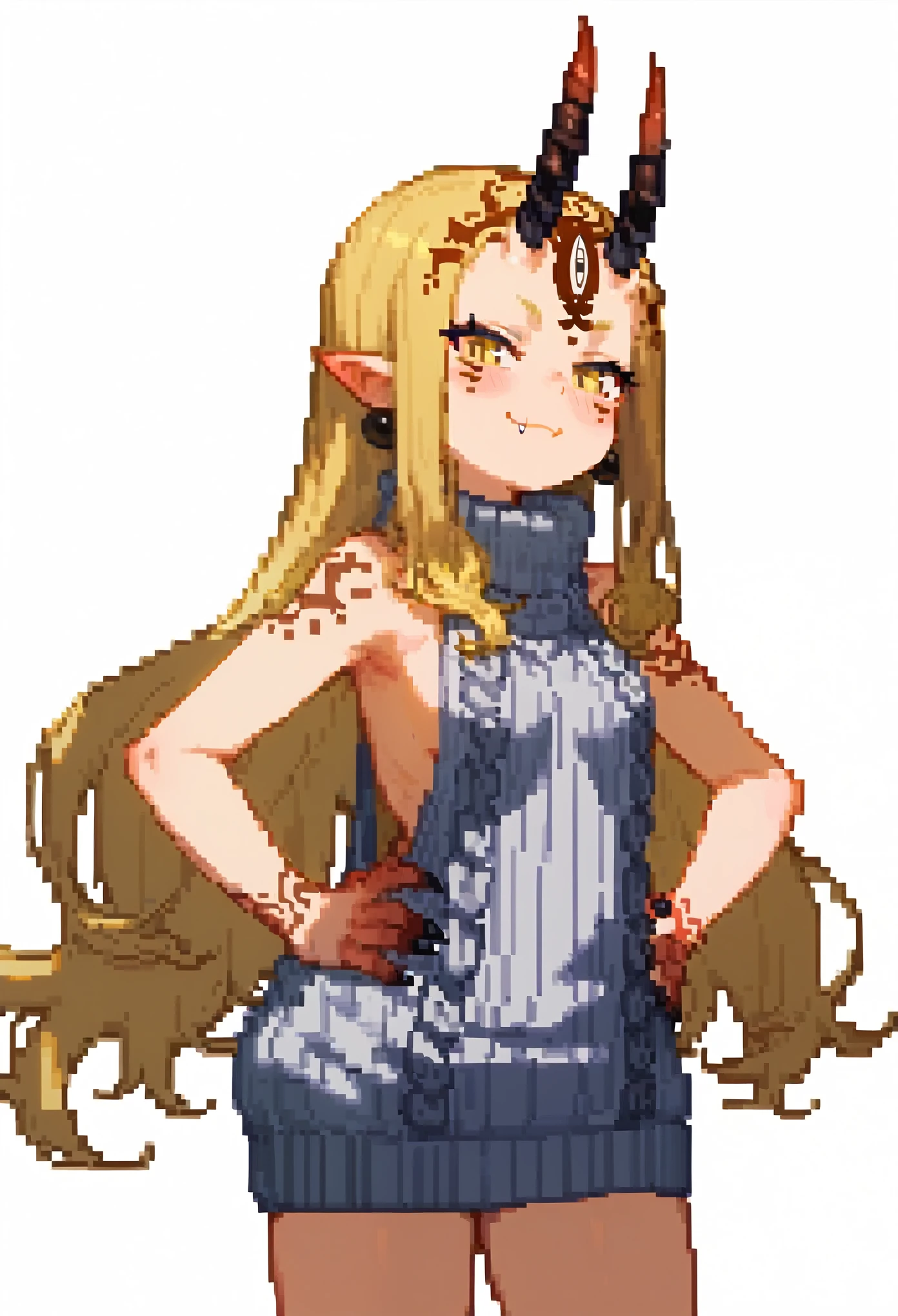 score_9, score_8_up, score_7_up, pixel art, 8 bits, high quality, 1girl, long hair, blonde hair, sidelocks, yellow eyes, pointy ears, facial mark, tattoo, sharp fingernails, hands on hips, forehead mark, oni, horns, virgin killer sweater, sleeveless sweater, earrings, jewelry, barefoot, smug, closed mouth, fang, blush, standing, arms on sides, curvy, side view, fit, upper body,white background