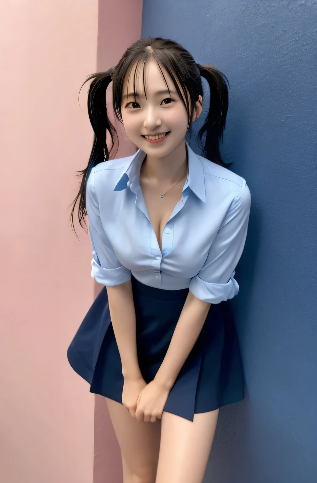 ((Ultra-high resolution)),8K,17 years old、Leaning forward to reveal cleavage、Small breasts, , Twin tails, Navy blue mini skirt, Blue shirt, Front opening of the shirt、Small cleavage 2:1,Idol Sculpture, Wet, smile、Pink wall、sexy、slender、Shapely small breasts