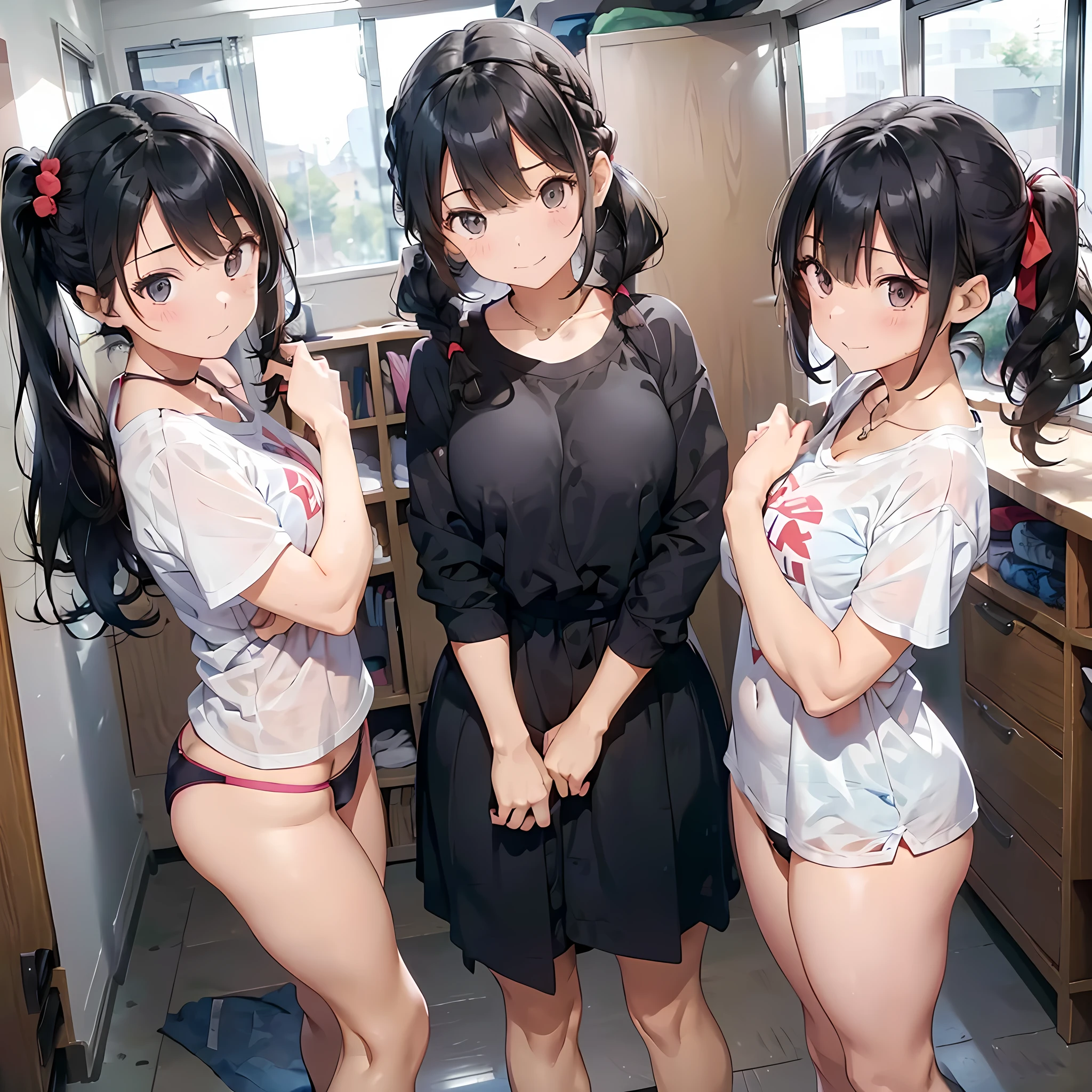 ((three girls are sticking out their big  boldly)),  ((body shot:1.2)), (School changing room), ((Laughing with your mouth open)), slender, hair band, Headband, hair bobbles, brown hair, blond hair, navel, jewelry, looking at viewer, necklace, long hair, short hair, Abdominal muscles, (Thong:1.4), (big butttraight hair, bob cut, blunt bangs, silky hair, jet black hair, hair clip, hair band, hair ribbon, one-length haircut, ducktail, outward curled hair, French twist hair, twintails, side ponytail, single braid, wavy hair, bangs pinned back,