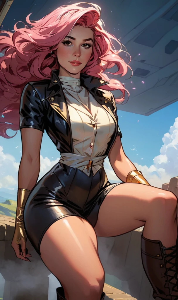 (Uma linda jovem com cabelo rosa longo e encaracolado, sobrancelhas finas, olhos brilhantes, A confused expression, an oval face with pale skin, um sobretudo de couro justo na altura do joelho com mangas muito curtas, she adorns both hands with metallic wrist guards in a sci-fi style of ancient civilization, her long legs are clad in leather boots as she flies through the misty clouds), este personagem incorpora um guarda florestal ocidental de estilo fantasia-realismo finamente trabalhado em estilo anime, exquisite and mature manga art style, pele de porcelana, Pele perfeita, olhos perfeitos, (Maria Elizabeth Winstead:1.2), High definition, melhor qualidade, high resolution, ultra-detalhado, Pintura ultrafina, extremamente delicado, profissional, Anatomicamente Correto, symmetrical face, olhos e rosto extremamente detalhados, olhos de alta qualidade, criatividade, foto crua, Ultra HD, 32K, Luz natural, cinematic lighting, obra de arte-anatomy-perfect, obra de arte:1.5