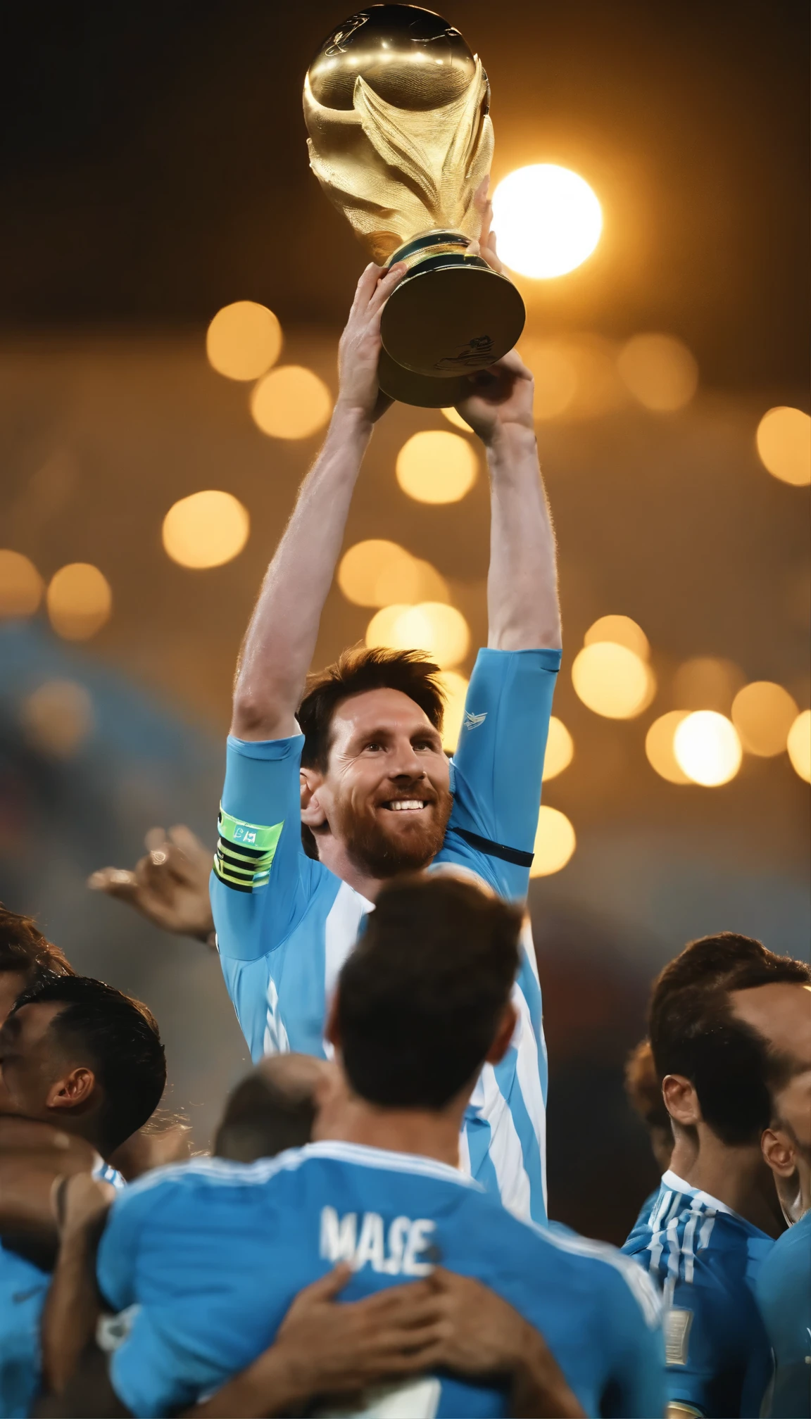 Messi, the Argentine star、Wearing the blue and white stripes of the Argentina national team jersey、Holding the Hercules Cup high above his head。Messi's face as he is surrounded by jubilant teammates、With eyes shining with joy of victory、It was the picture of pure elation.。The setting sun in the background、With a warm golden glow、Increases the feeling of victory and accomplishment。This masterpiece is、It captures the best qualities of Messi's achievement.、Perfectly lit and meticulously rendered in detail.、There is no doubt about the importance of this iconic moment in sports history.。