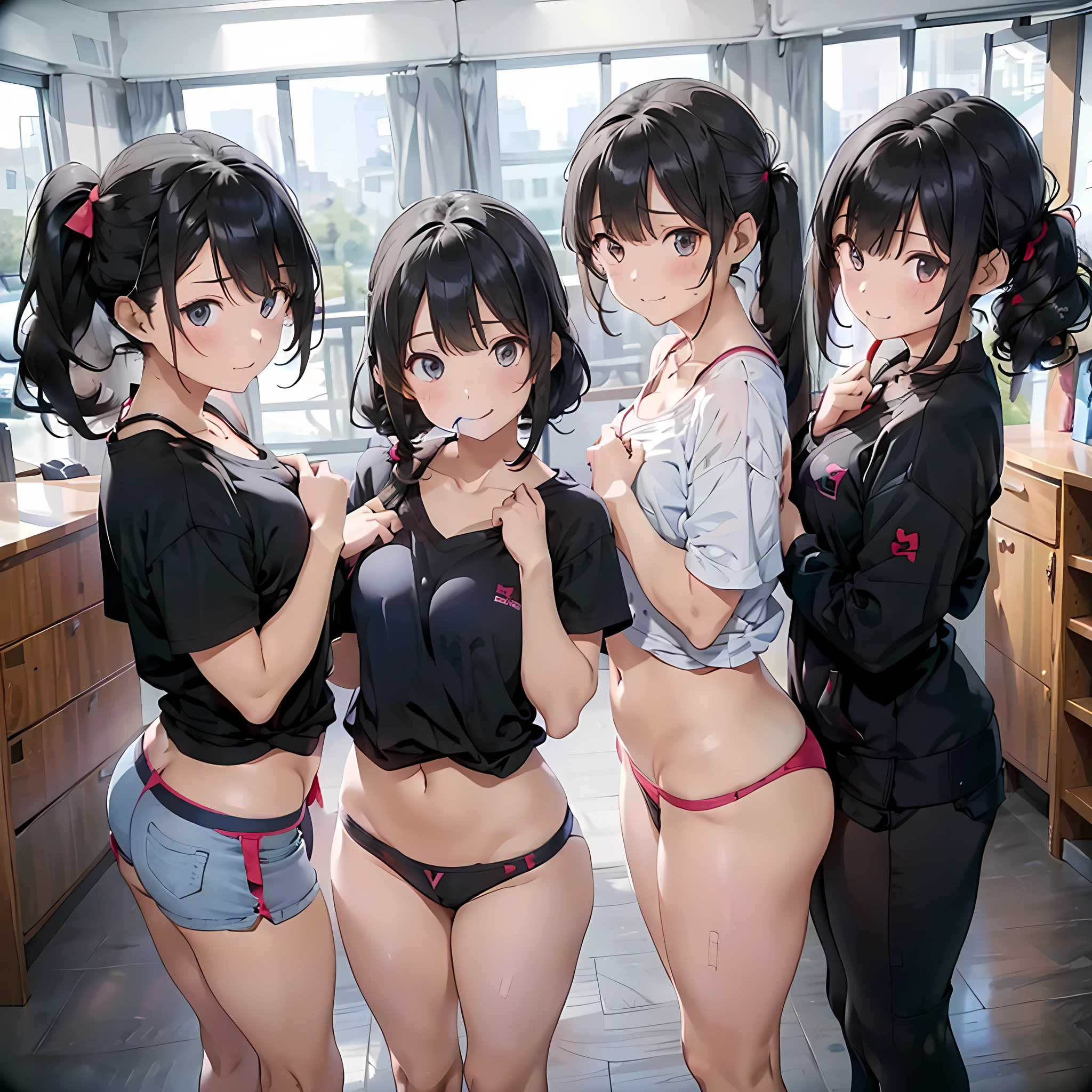 ((three girls are sticking out their big boldly)), ((body shot:1.2)), (School changing room), ((Laughing with your mouth open)), slender, hair band, Headband, hair bobbles, brown hair, blond hair, navel, jewelry, looking at viewer, necklace, long hair, short hair, Abdominal muscles, (Thong:1.4), (big butttraight hair, bob cut, blunt bangs, silky hair, jet black hair, hair clip, hair band, hair ribbon, one-length haircut, ducktail, outward curled hair, French twist hair, twintails, side ponytail, single braid, wavy hair, bangs pinned back,