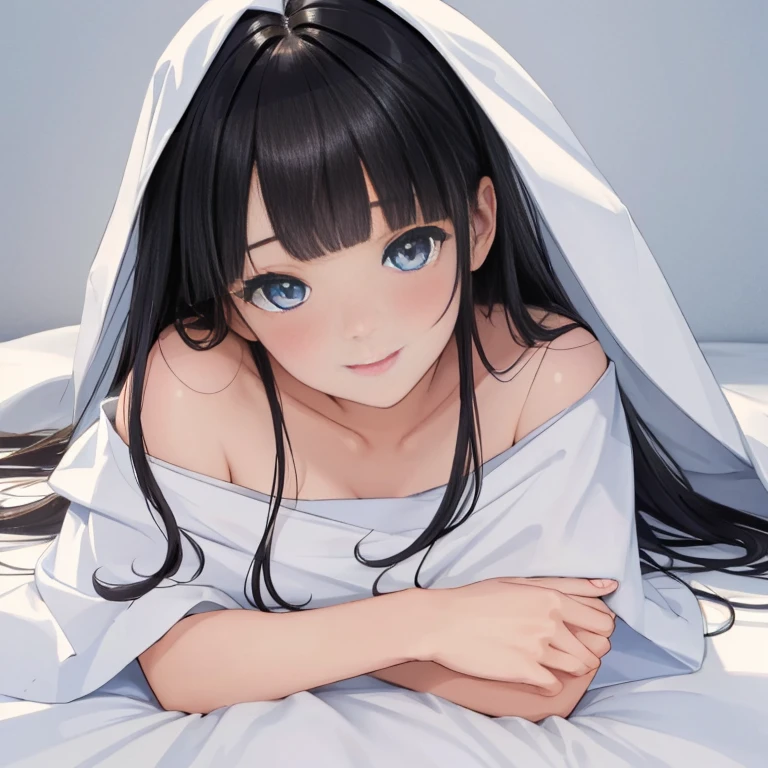 masterpiece、highest quality、Woman 1、Very detailed、
Black Hair、Blunt bangs、blue eyes、Sparkling eyes、extremely big eyes、smile、blush、T-Shirts、Face close-up、Bring your face closer、Lie down on the sheet、Lie down Sheet、Off the shoulder、