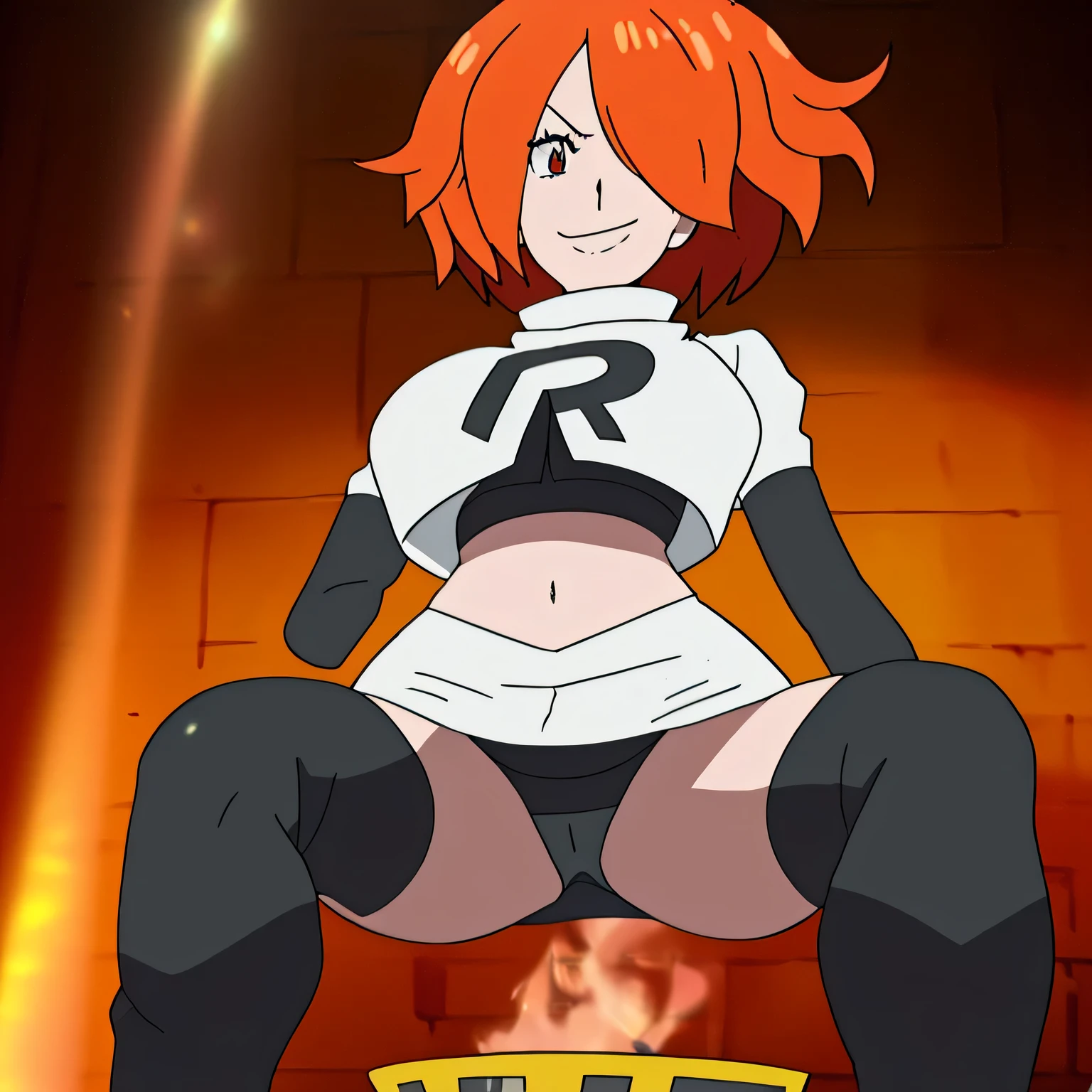 ((team rocket uniform,red letter r,white skirt,white crop top,black thigh-high boots,black elbow gloves,evil smile,looking at viewer,hands on hips,from below)),(best quality,4k,8k,highres,masterpiece:1.2),ultra-detailed,(realistic,photorealistic,photo-realistic:1.37),((HDR,UHD,studio lighting,extreme detail description,professional,portraits,red color scheme,dramatic lighting)),{{sexy squat on toilet, spread legs,black panties,Kronya, hair over one eye, orange hair, pale skin,UHD}}