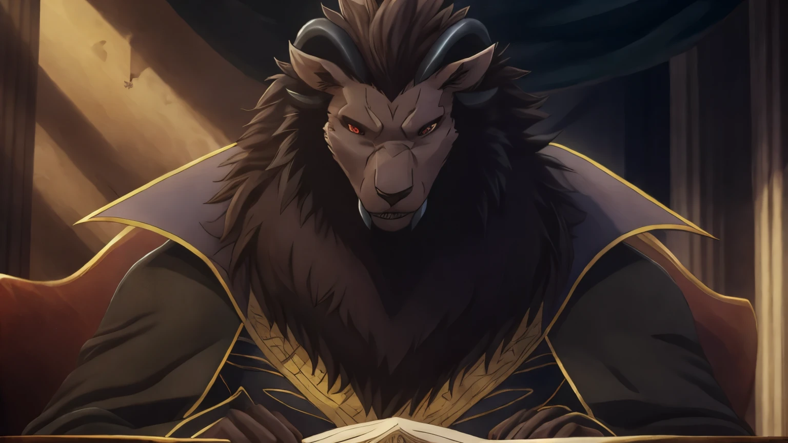 (highest quality, 32K High resolution:1.2, Very detailed, Realistic, photoRealistic, masterpiece,) Official Art, The Sacrificed Princess and the King of Beasts, Full Body View, Looking at the audience, male, good looking, Majestic Beast, Dark sienna brown fur, Black Mane, Majestic King, King Leonhard, Muscular body, Crimson Eyes, Serious look , Small ears, Curved black horns, Long upper jaw crab teeth, Wearing royal robes, Niehime kemono ou, (detailed Realistic image:1.3), (Fine grain, Beautiful and expressive eyes:1), (hyper Realistic fur:1.2), (Fur with attention to detail:1. ( Detailed face:1) Low Light: 1.2) masterpiece, highest quality, ultra Realistic ( 8k, 超High resolution, Beautiful light and shadow, Detailed faceの描写, highest quality, masterpiece, Ultra high definition, Official Art, Super detailed, Deep Shadow, Dynamic Shadows, High resolution, Profound, utra Fur with attention to detail, Maximum concentration, Depth of written boundary, Perfect lighting, Lightest particle quality, Super-detailed body, Cinematic, Sharp focus, Correct Anatomy, Right hand, The right move, Five fingers, Right Head, Detailed Background), (Leonhart in Russian nobility clothing、Leonhart in a Russian shirt with lace、Leonhart sitting at the head of the table、Books on the table、Glasses、レオンハートはGlassesをかけている)