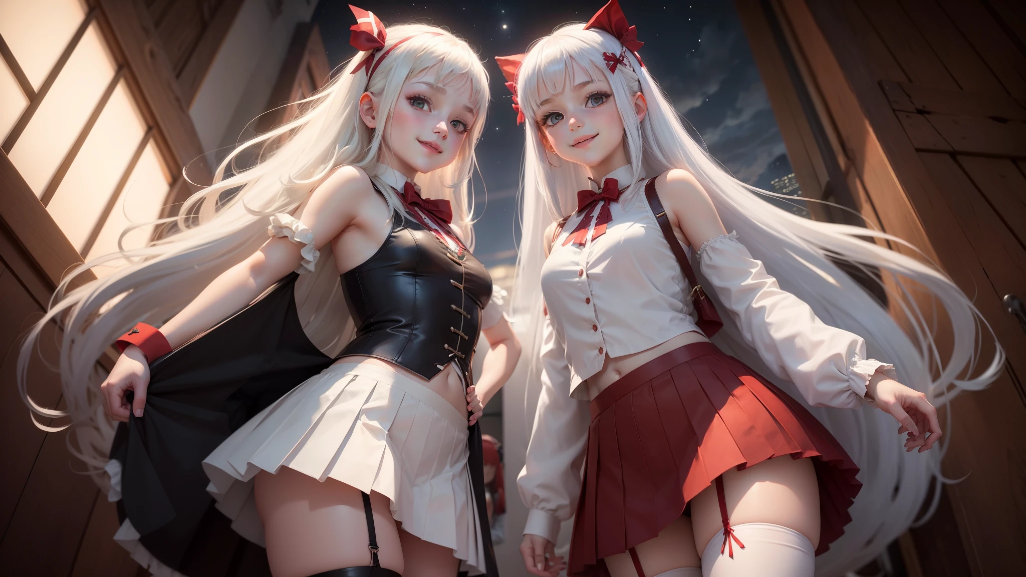 10 years old white-haired and red-haired Europeans girls, Europeans girls, cute, Young, with long hair, sleeveless jackets, pleated skirt, short cropped tops, night time, smiling, stockings with garters, belly button, big bow on the head, pregnat