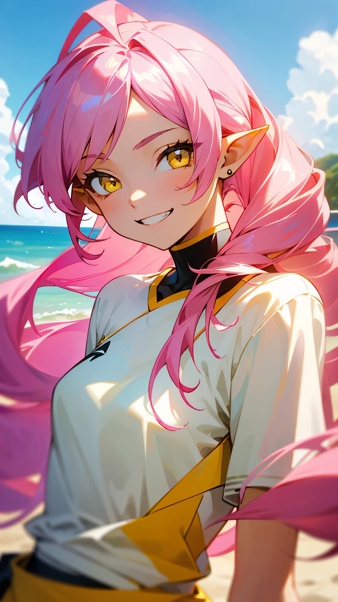 、Pink Hair、Long Hair、twin drill hairstyle、Beautiful yellow eyes、Pointy Ears、Grin、Side body、Upper body close-up、White T-shirt、White shorts、Anime style painting、Very detailed、Vibrant colors、Beach Scenery、Soft lighting、Summer mood