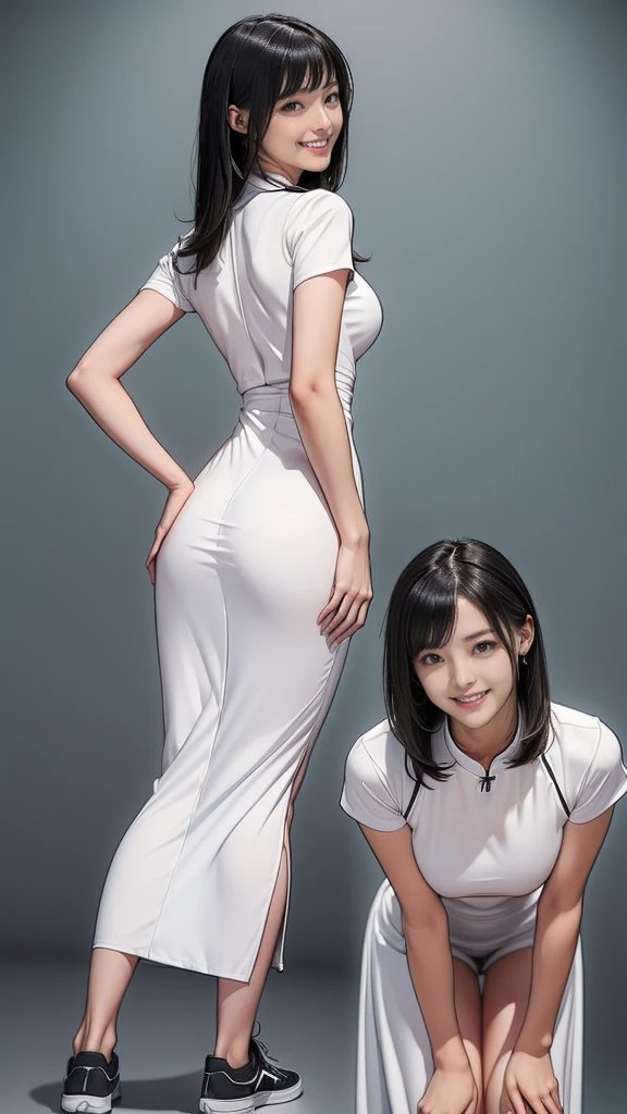 (((Backwards:2.0, ふace your buttocks towards the camera:2.0, Accentuate your butt:2.0, Standing posture:1.5, Backwards:2.0))), (((clothing:2.0, Black panties under a white maxi ao dai:2.0, sneakers:1.8))), ((Streetscape:1.5)), 1 girl, alone, ((short hair:1.2, Grin:1.2)), 18-year-old, 7 heads, Ideal body type, Black Hair, With bangs, Perfect breasts, thin, Captivating ass, Beautiful legs, thin脚,