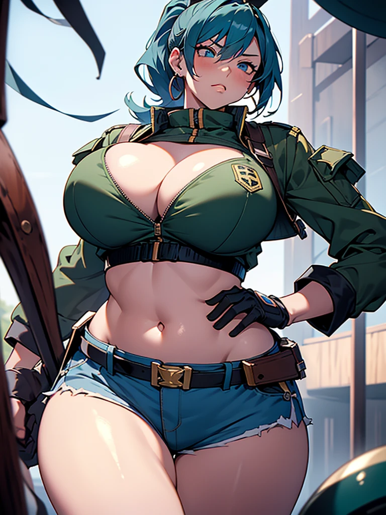 masterpiece,, best quality, highres, 1girl, leona heidern, blue hair, blue eyes, ponytail, green shorts, midriff, crop top, black gloves, breasts, military uniform, green jacket, earrings, jewelry, navel, large breasts, cowboy shot, expressive eyes, perfect face, thick thighs, very wide fat hips, massive fat round ass, massive fat breasts, deep cleavage, big fat chubby belly, weight gain, big fat bloated belly, big fat stuffed belly, force feeding, overeating,