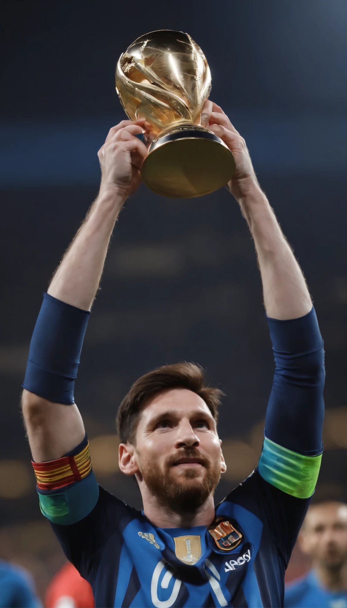 Messi, the Argentine star、Wearing the blue and white stripes of the Argentina national team jersey、Holding the Hercules Cup high above his head。Messi&#39;s face as he is surrounded by jubilant teammates、With eyes shining with joy of victory、It was the picture of pure elation.。The setting sun in the background、With a warm golden glow、Increases the feeling of victory and accomplishment。This masterpiece is、It captures the best qualities of Messi&#39;s achievement.、Perfectly lit and meticulously rendered in detail.、There is no doubt about the importance of this iconic moment in sports history.。