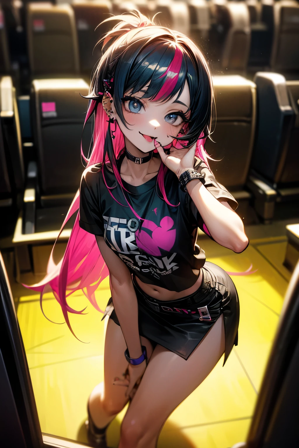 (absurdres), 8k, ((masterpiece)), (hyper extreme detailed:1.2), solo, 1girl, (perfect face), portrait, expressive eyes, standing, (cute girl), (sticking out long tongue), (Vibrant Pose), perfect hands, glossy skin, (friendly), excited, punk rock, Long Hair, (Multicolored Hair), black choker, black lipstick, Piercings, Ear Piercings, Lip Piercings, (small breast), smile, street clothing, perfect anatomy, (graphic t-skirt), anatomically correct, cowboy shot, (in front of a movie theater),