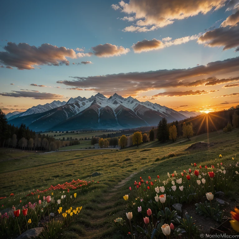 Mountains meadows tulips sunset trees