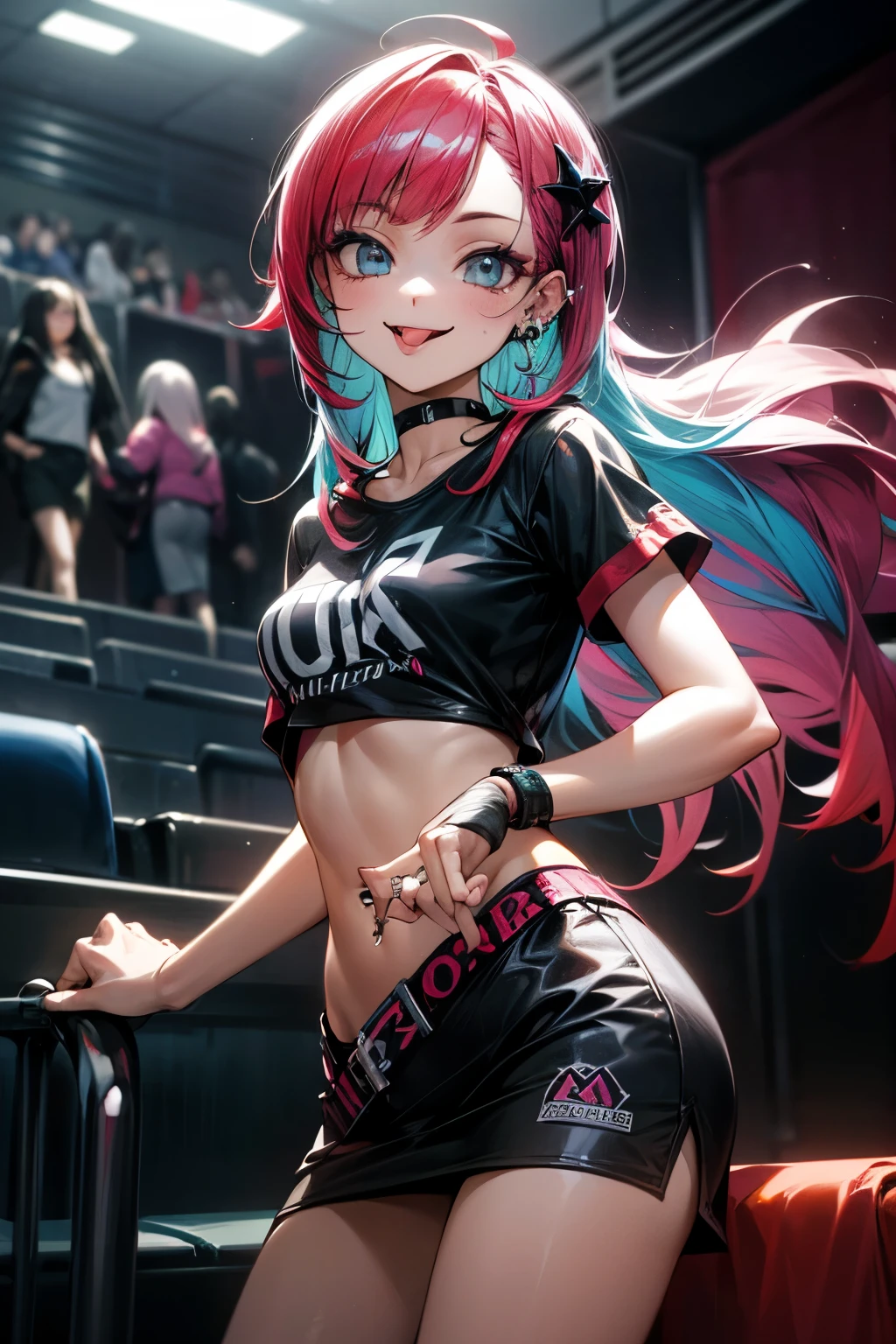 (absurdres), 8k, ((masterpiece)), (hyper extreme detailed:1.2), solo, 1girl, (perfect face), portrait, expressive eyes, standing, (cute girl), (sticking out tongue), (Vibrant Pose), perfect hands, glossy skin, (friendly), excited, punk rock, Long Hair, (Multicolored Hair), black choker, black lipstick, Piercings, Ear Piercings, Lip Piercings, (small breast), smile, street clothing, perfect anatomy, (graphic t-skirt), anatomically correct, cowboy shot, (in front of a movie theater),