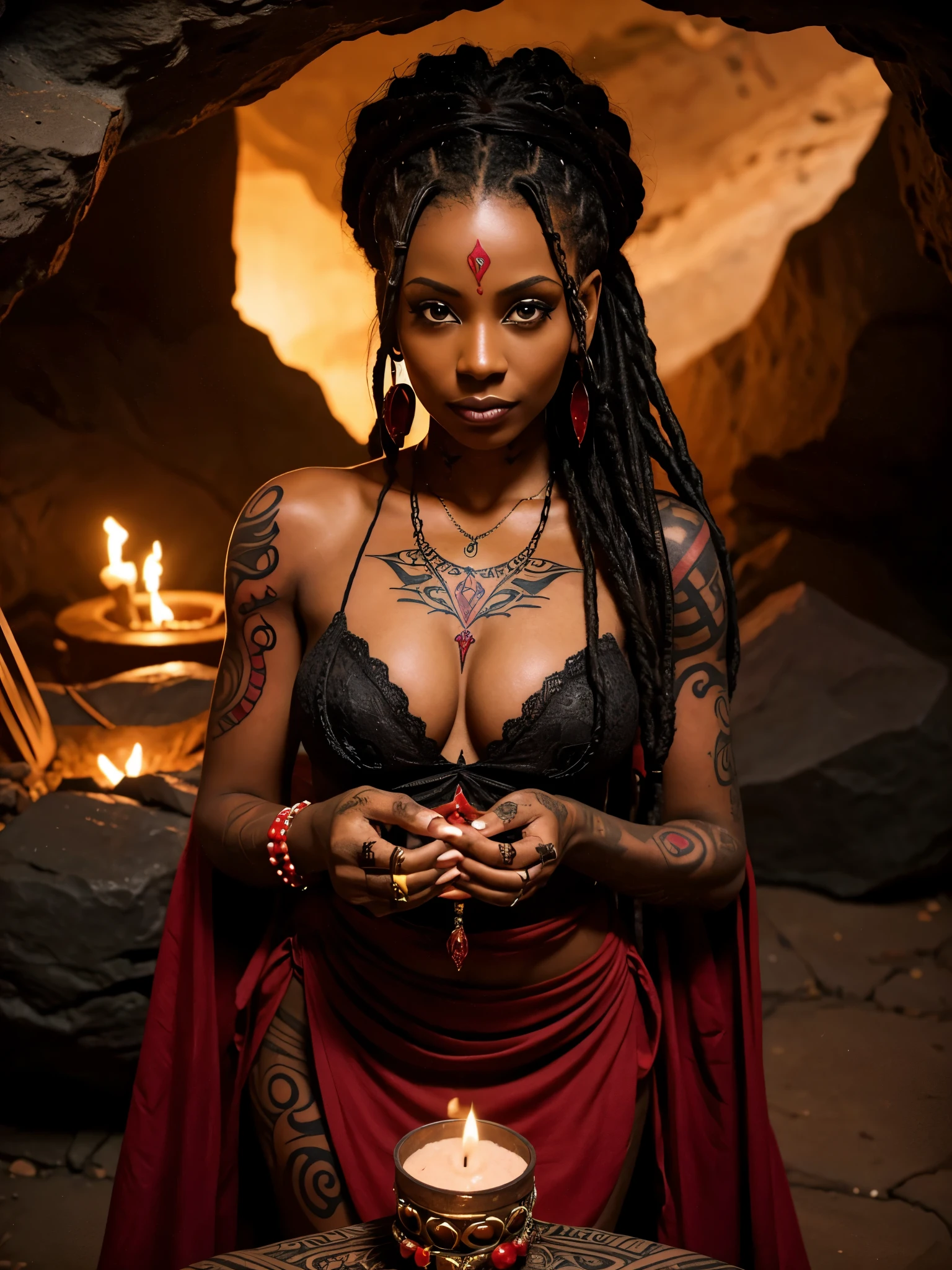 Beautiful black voodoo witch casting a spell,pretty face,(((perfect hands))),slim,(((tattoos))),smirk,dreadlocks,cleavage,beads,red dress,cave,cauldron,potions