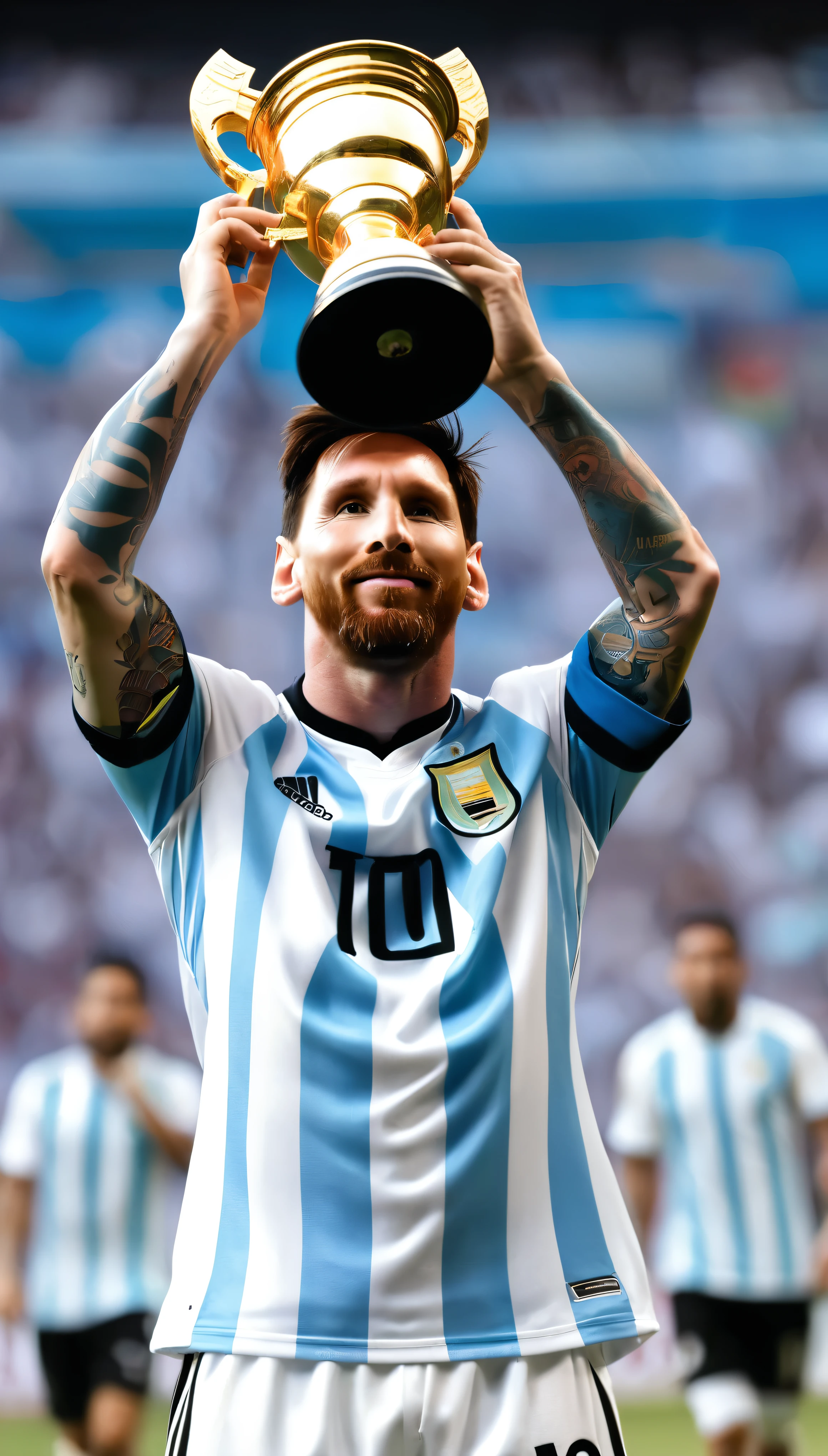 Messi, the Argentine star、Wearing the blue and white stripes of the Argentina national team jersey、Holding the Hercules Cup high above his head。Messi&#39;s face as he is surrounded by jubilant teammates、With eyes shining with joy of victory、It was the picture of pure elation.。The setting sun in the background、With a warm golden glow、Increases the feeling of victory and accomplishment。This masterpiece is、It captures the best qualities of Messi&#39;s achievement.、Perfectly lit and meticulously rendered in detail.、There is no doubt about the importance of this iconic moment in sports history.。