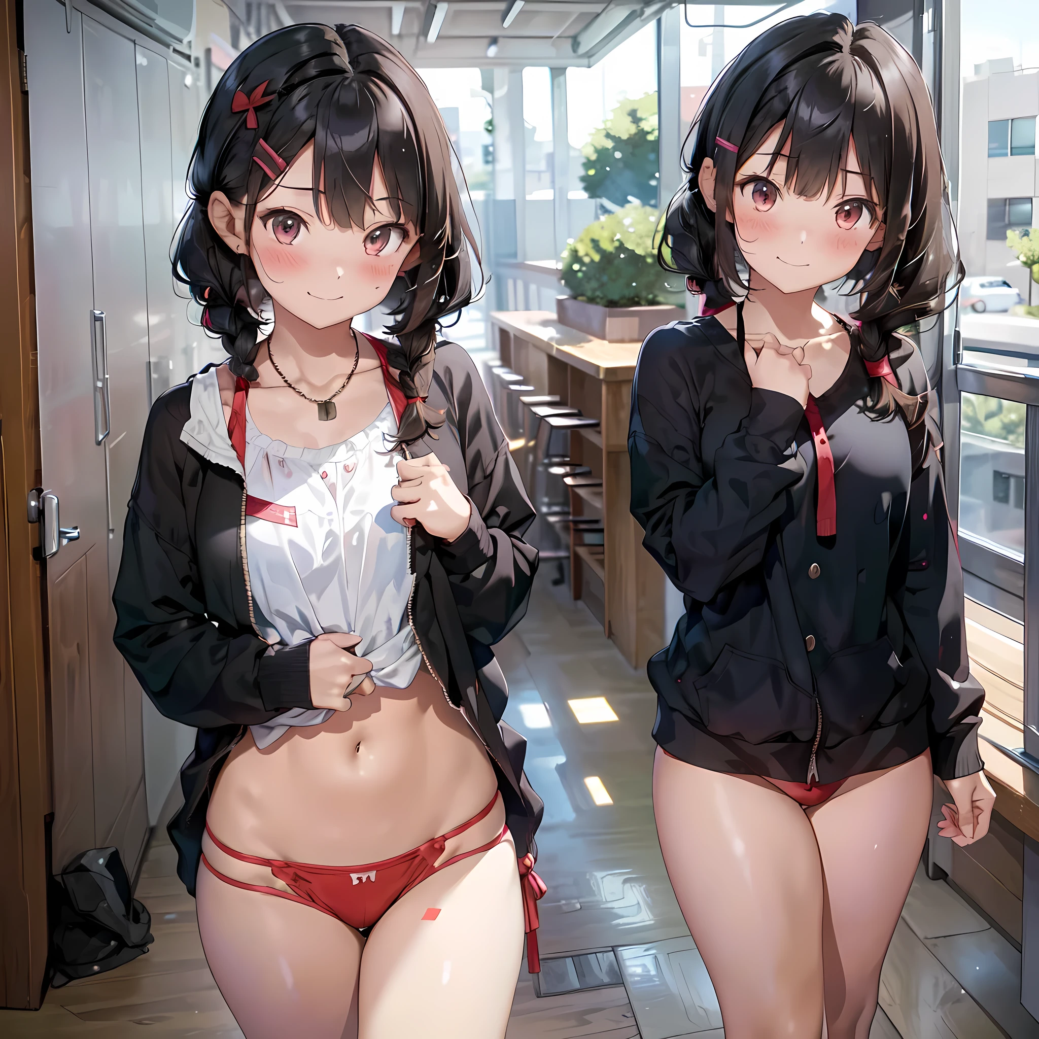 ((masterpiece, best quality, ultra quality, high quality, hyper detailed, intricate detailed, perfect anatomy, shiny skin)), ((three girls are sticking out their big butt boldly)), (body shot:1.4), (big butt), (In the school changing room), (smile, shy, red cheek, blush, Open your mouth:1.5), (slender), hair band, Headband, hair bobbles, brown hair, blond hair, navel, jewelry, looking at viewer, necklace, long hair, short hair, Abdominal muscles, (Thong:1.2), straight hair, bob cut, blunt bangs, silky hair, jet black hair, hair clip, hair band, hair ribbon, one-length haircut, ducktail, outward curled hair, French twist hair, twintails, side ponytail, single braid, wavy hair, bangs pinned back,