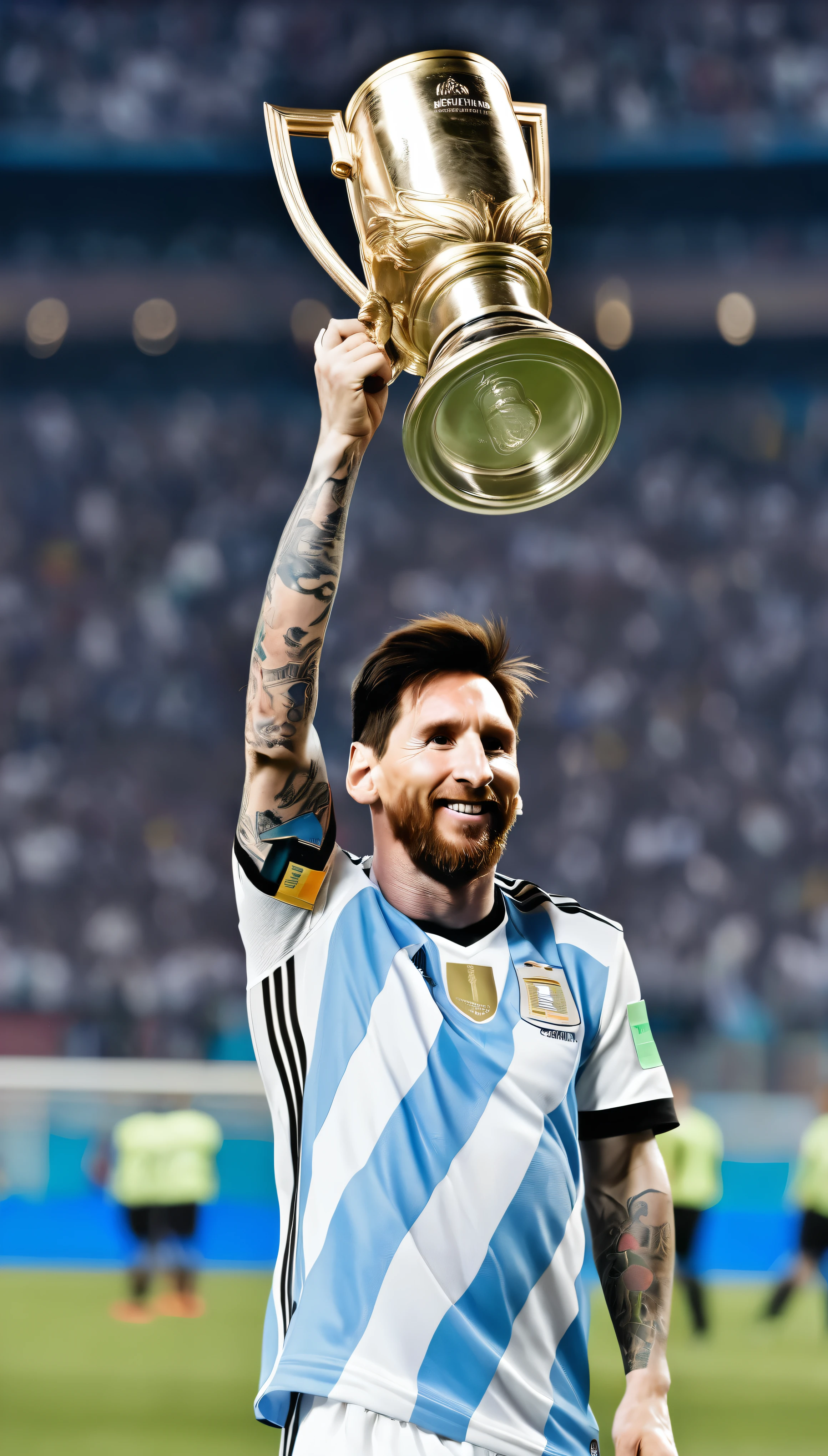 Messi, the Argentine star、Wearing the blue and white stripes of the Argentina national team jersey、Holding the Hercules Cup high above his head。Messi&#39;s face as he is surrounded by jubilant teammates、With eyes shining with joy of victory、It was the picture of pure elation.。The setting sun in the background、With a warm golden glow、Increases the feeling of victory and accomplishment。This masterpiece is、It captures the best qualities of Messi&#39;s achievement.、Perfectly lit and meticulously rendered in detail.、There is no doubt about the importance of this iconic moment in sports history.。