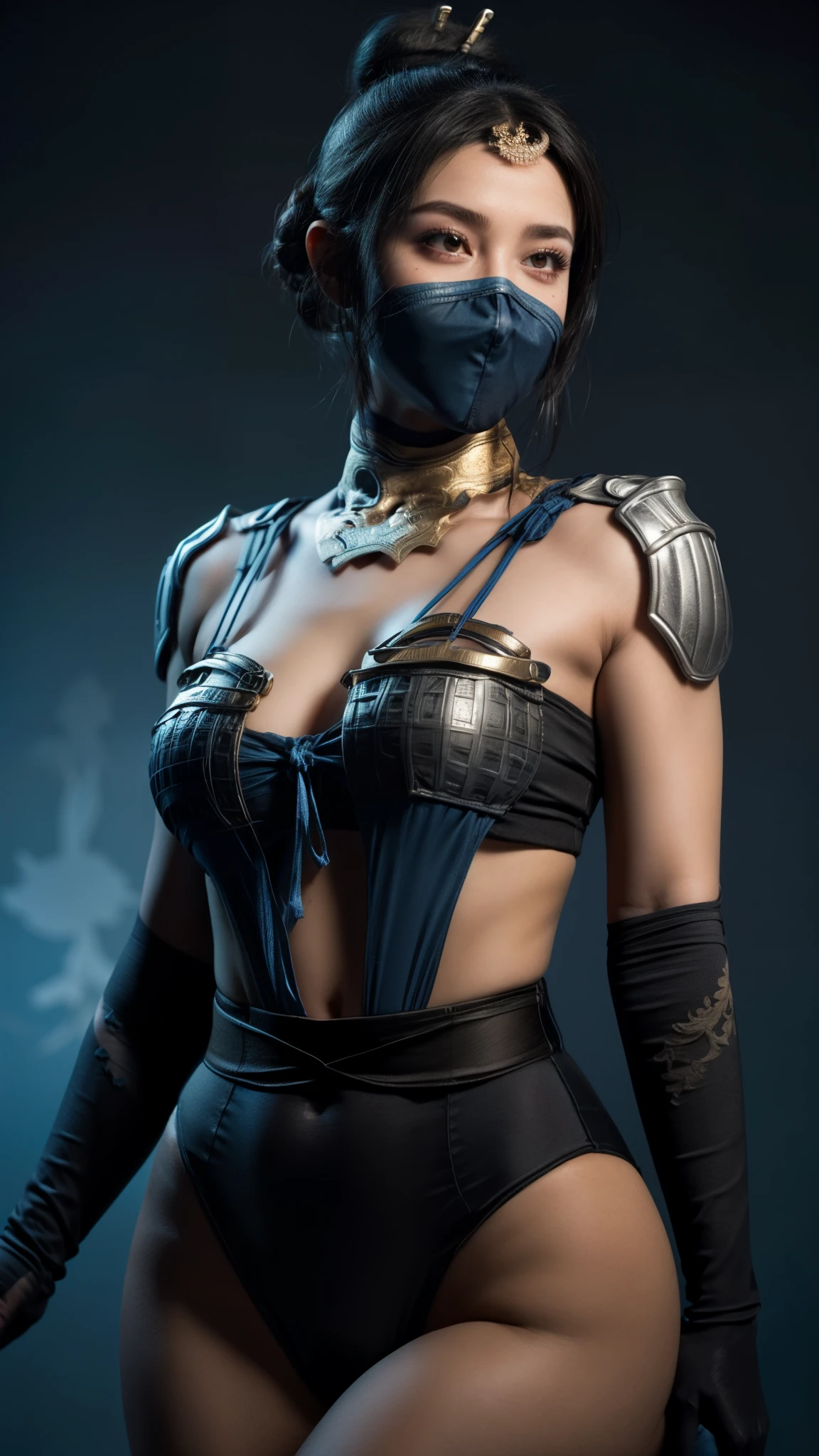 8k, best quality, real picture, intricate details, ultra-detailed, ultra highres, depth field,(photorealistic,realistic:1.2),masterpiece,photo of  kitana, wearing a blue leotard, mouth mask, brown eyes, black hair, hair bun, solo, sun, blue sky,
best quality, realistic, photorealistic, (intricate details:1.2), (delicate detailed), (cinematic light), clear line, sharp focus, realistic face, detailed face
unity 8k wallpaper, ultra high res, (photorealistic:1.4), looking at viewer, large breasts, thick thighs, curvy hips