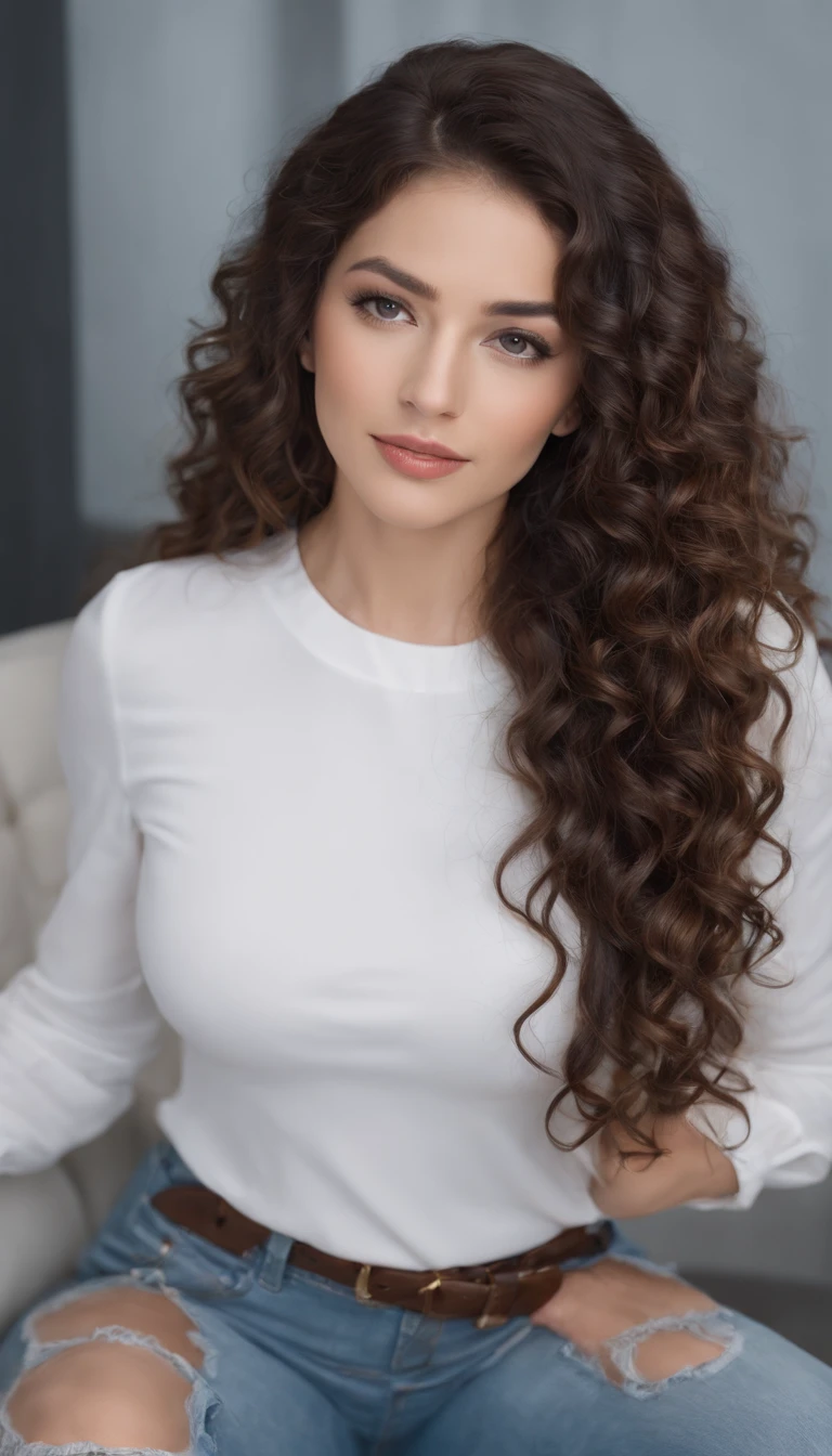 A beautiful and surprising light brunette Mexican woman, full body portrait, in tight blue jeans with bags on the sides, with a white blouse, with honey-colored eyes, standing, legs, butt, hips, small breasts, free curls, hair curly black (shorter darker curly hair), wild black long curly hair, multiversal hair, Brazilian, black curly short hair. Curly black hair, Curls, extended wavy hair, Baroque curls, curls, curly, Curly blonde hair, Hair texture, curly bangs