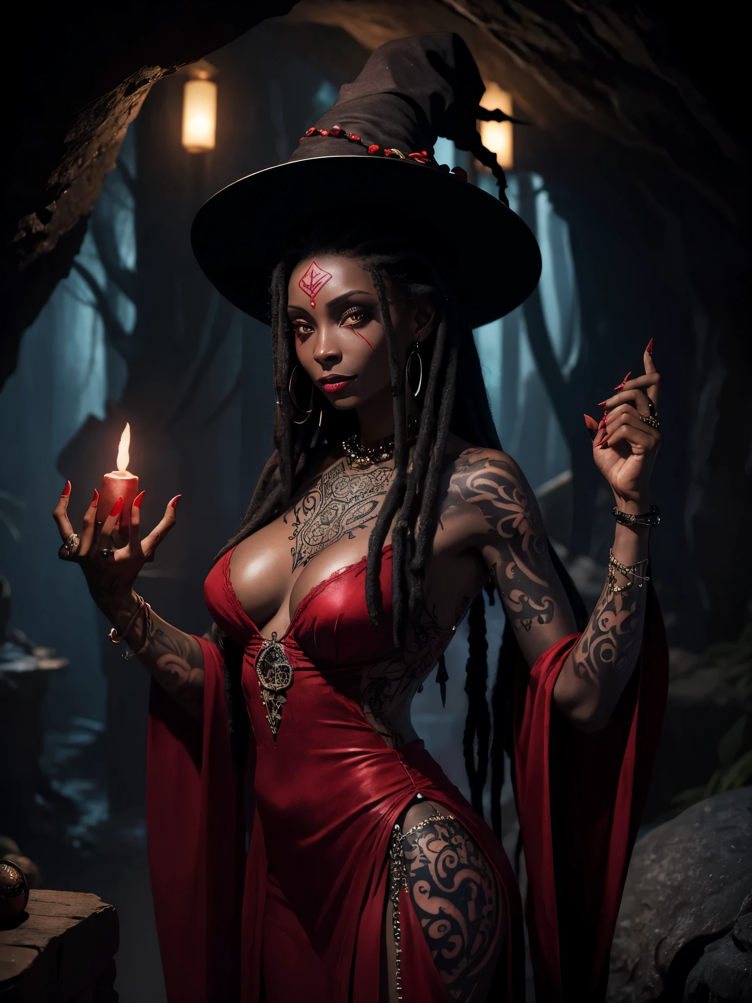 Beautiful black voodoo witch casting a spell,pretty face,(((perfect hands))),slim,(((tattoos))),smirk,dreadlocks,cleavage,beads,red dress,cave,cauldron,potions